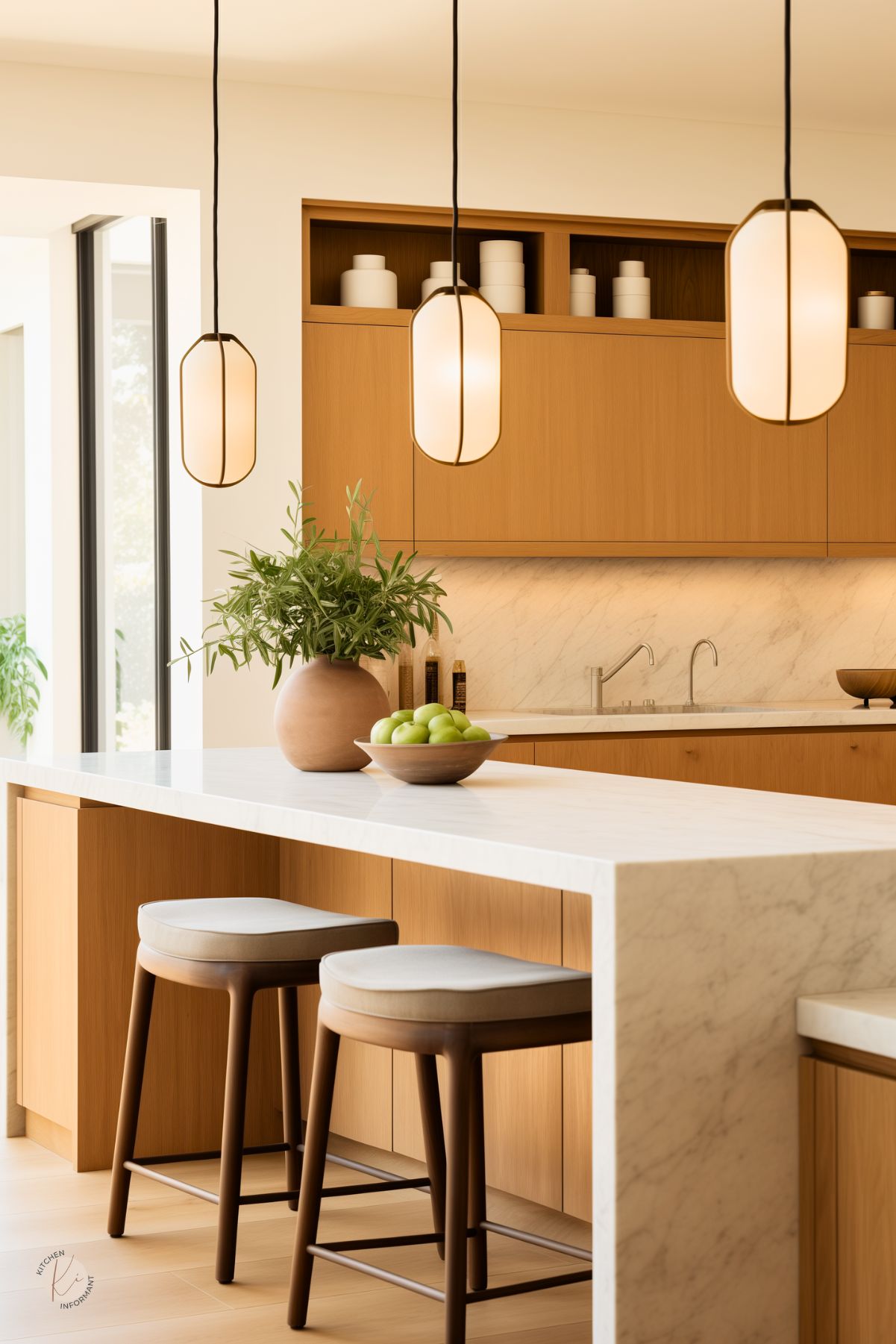Minimalist kitchen with flat-panel warm oak cabinetry and sleek white marble waterfall countertops. Soft pendant lighting hangs above the island, which features cushioned wooden stools, a ceramic vase with greenery, and a wooden bowl of green apples. Clean lines and neutral tones create a calm, contemporary space filled with natural light.