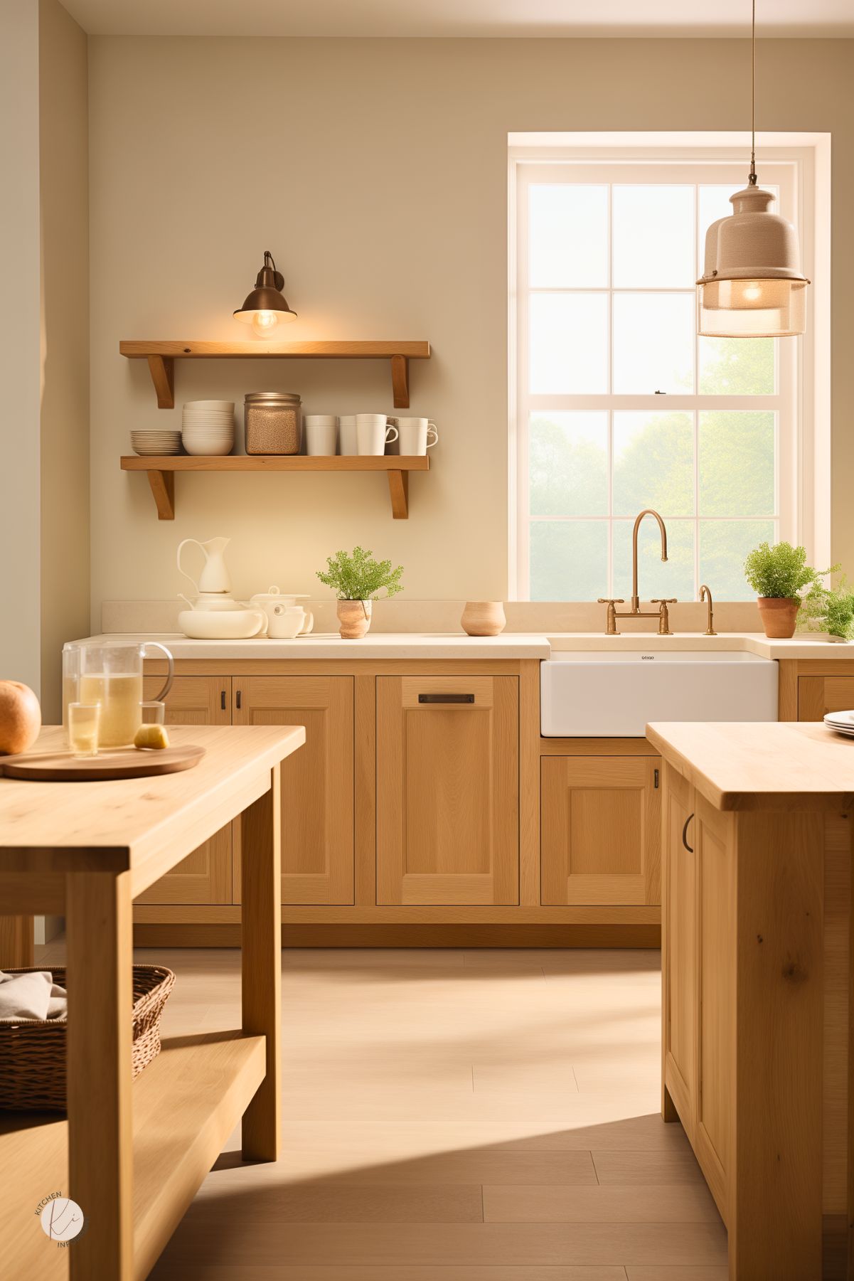 Bright kitchen with warm oak cabinets, a white farmhouse sink, and open wood shelving displaying neutral dishes. A large window brings in natural light above the brass faucet, while ceramic pendant lighting and potted plants add a cozy, cottage-inspired touch. A wood island and table complete the soft, natural kitchen design.