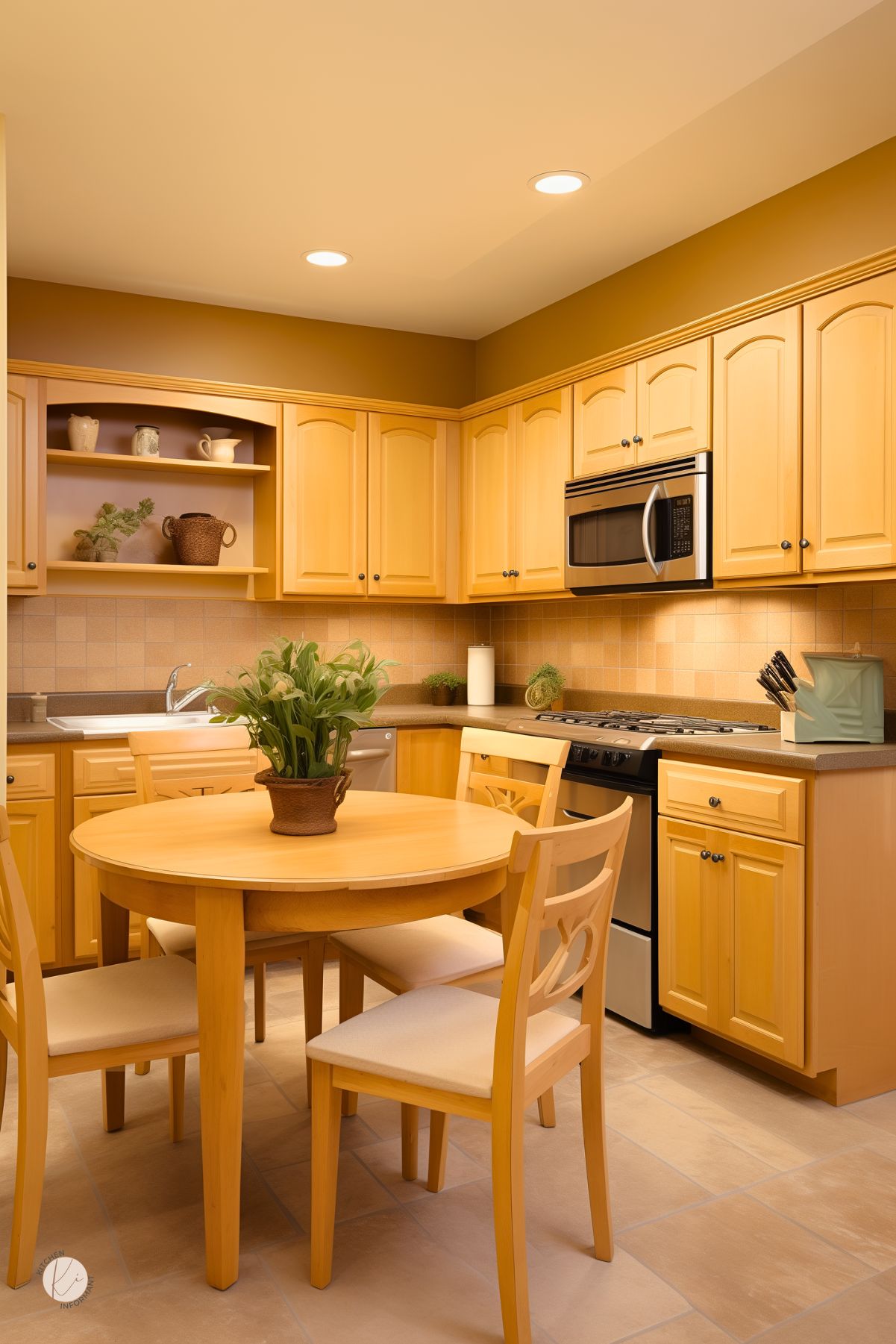 Traditional kitchen with warm honey oak cabinets, arched panel doors, and tan square tile backsplash. A round oak dining table with matching chairs sits at the center, topped with a potted plant. Stainless steel appliances and recessed lighting complete the cozy, classic kitchen design.