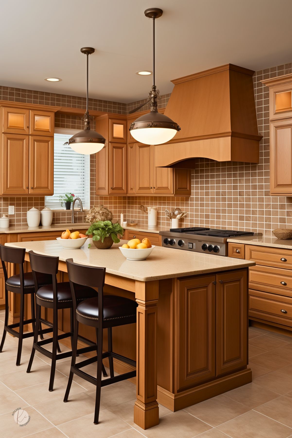 Warm oak kitchen with raised-panel cabinetry and a matching wood range hood, paired with tan square tile backsplash and beige countertops. A large island with detailed paneling and seating for three features black leather stools. Two vintage-style pendant lights hang above, with bowls of oranges and pears adding fresh, colorful accents.