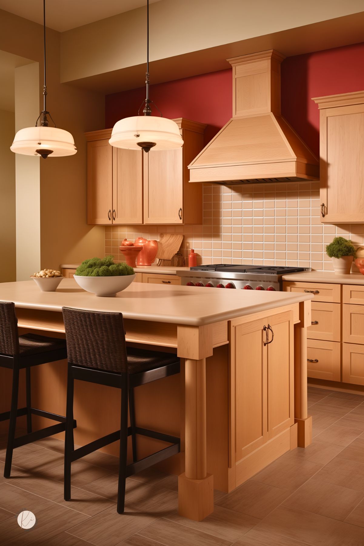 Contemporary kitchen with light oak cabinets and matching wood range hood set against a bold red accent wall. Beige countertops and square tile backsplash create a warm, cohesive palette. A large island with turned legs offers bar seating with woven chairs, while two dome pendant lights add soft overhead illumination. Decorative bowls and greenery complete the look.