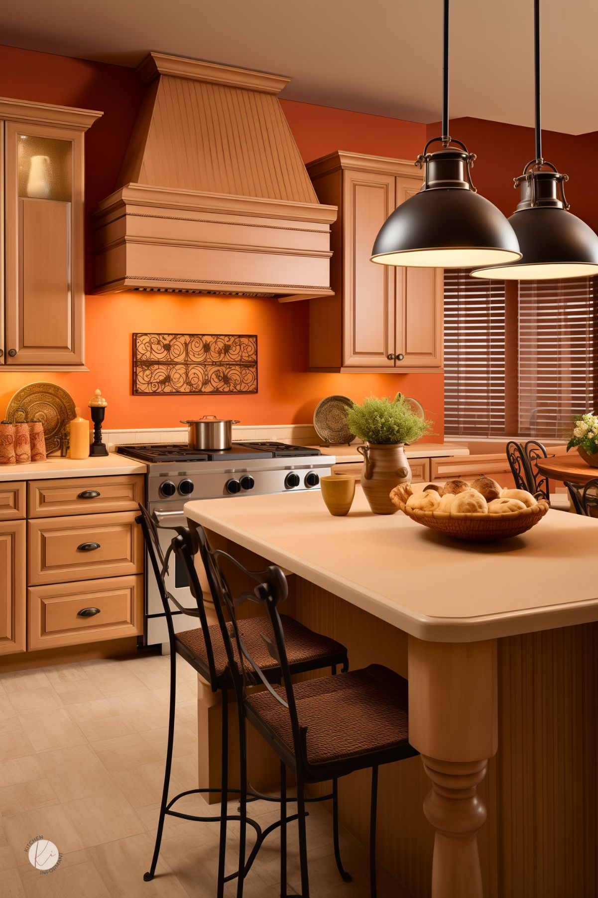 Warm oak kitchen with raised-panel cabinets and a detailed wood range hood, set against a vibrant orange accent wall. Cream countertops and turned-leg island provide a classic touch, paired with black iron bar stools and industrial pendant lights. Decorative plates, candles, and a bread basket enhance the inviting, Mediterranean-inspired style.
