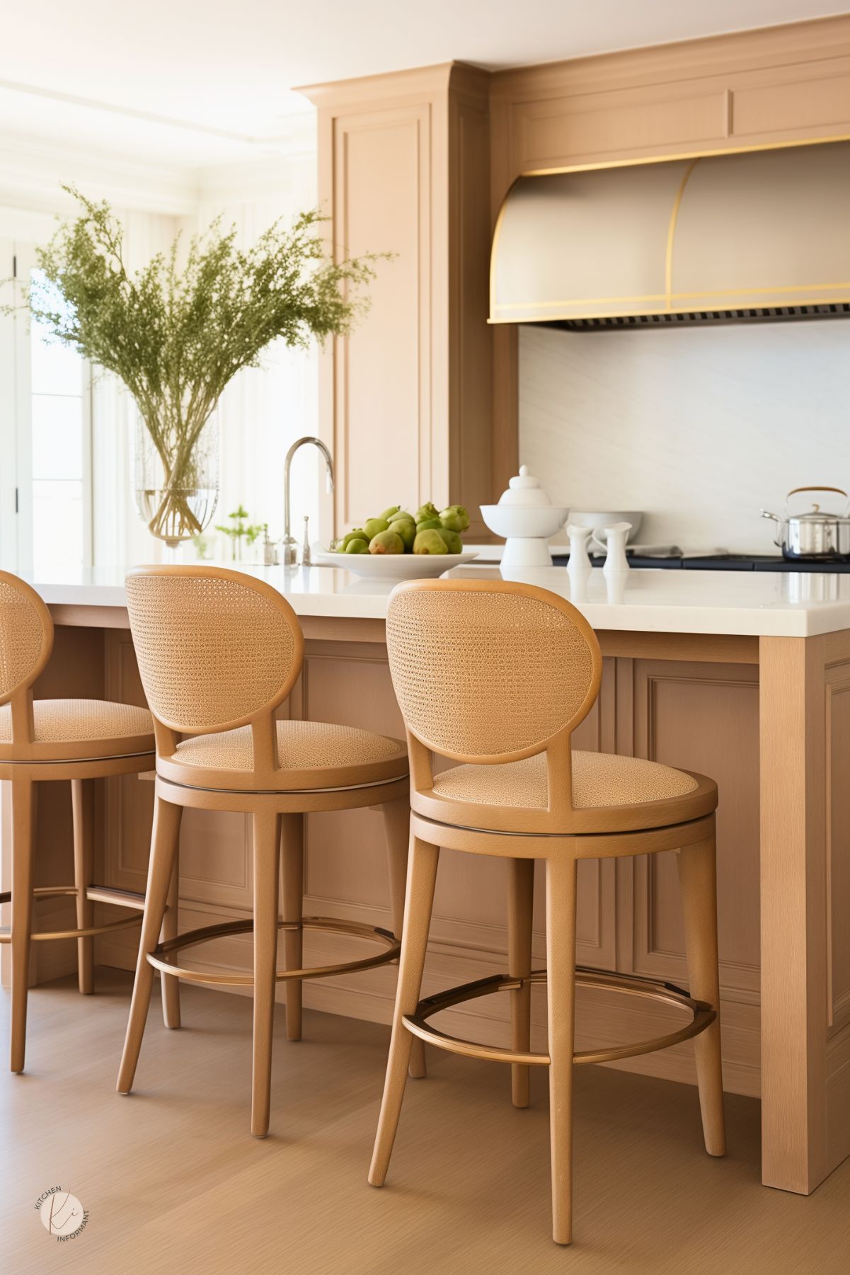 Bright and airy kitchen with warm oak cabinetry, a white quartz island, and elegant cane-back barstools. The design includes a sleek curved metal range hood with gold trim and a large vase of greenery for a natural accent. Minimalist decor and soft lighting create a refined and welcoming atmosphere.