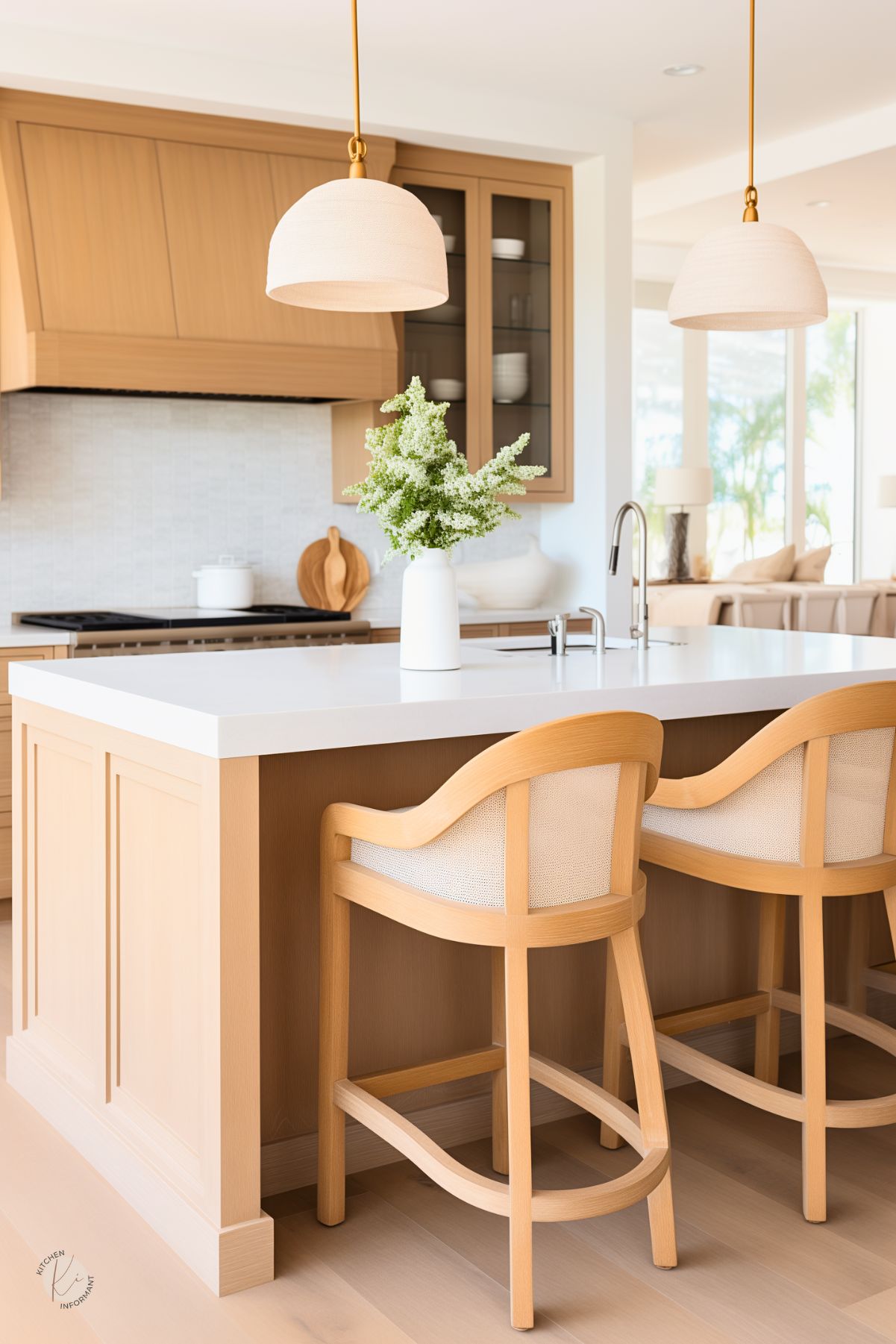 Light and airy kitchen with warm oak cabinetry, a white quartz island, and soft woven pendant lights. The design features cushioned cane-back barstools, a minimalist white backsplash, and glass-front cabinets. A white vase with delicate greenery adds a fresh, natural touch to the clean, coastal-inspired space.