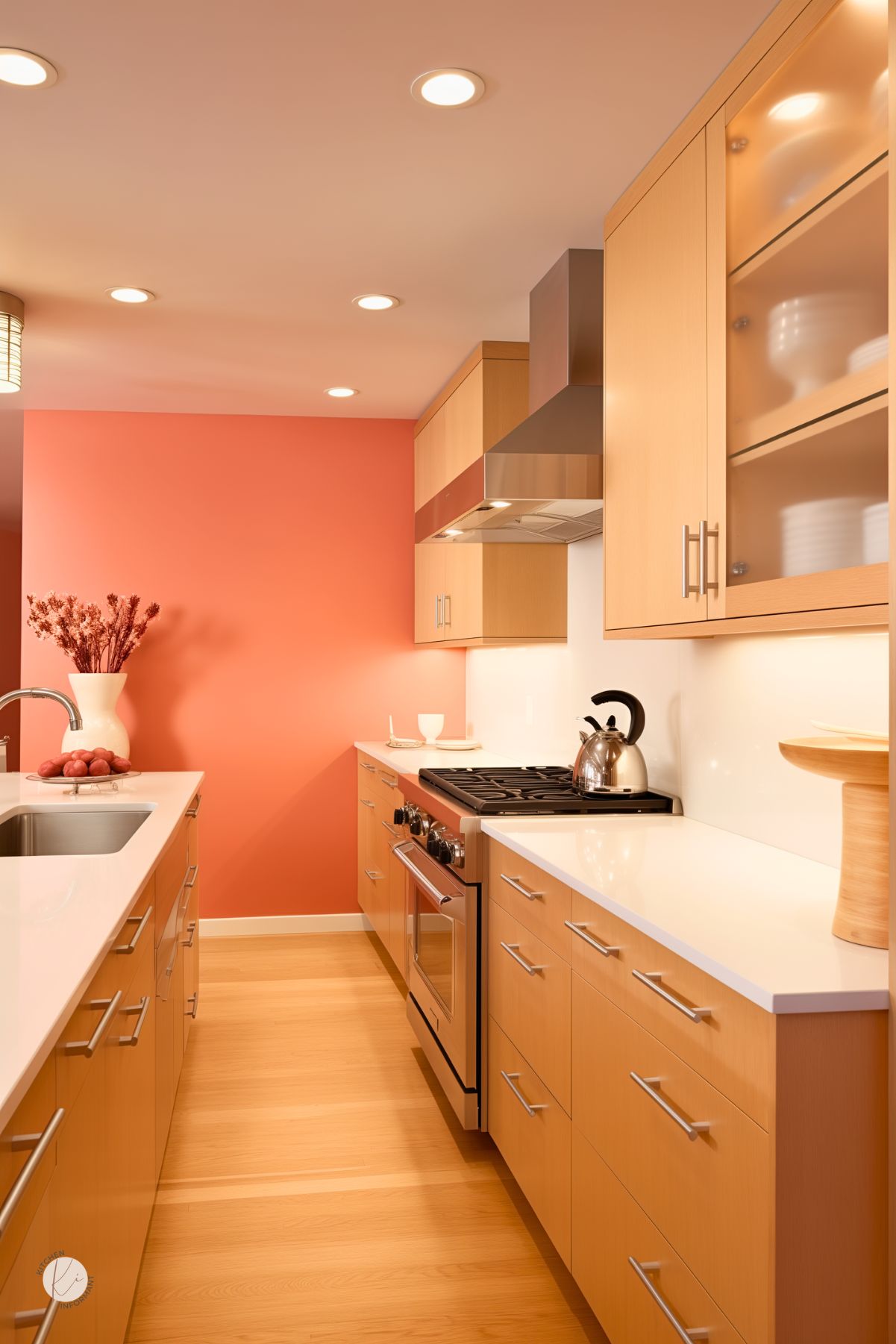 Contemporary galley kitchen with flat-panel warm oak cabinets, sleek stainless steel hardware, and white quartz countertops. A coral accent wall adds a bold pop of color, while under-cabinet lighting and recessed ceiling lights keep the space bright. Modern stainless steel appliances and a vase of red potatoes provide a cozy, stylish finishing touch.
