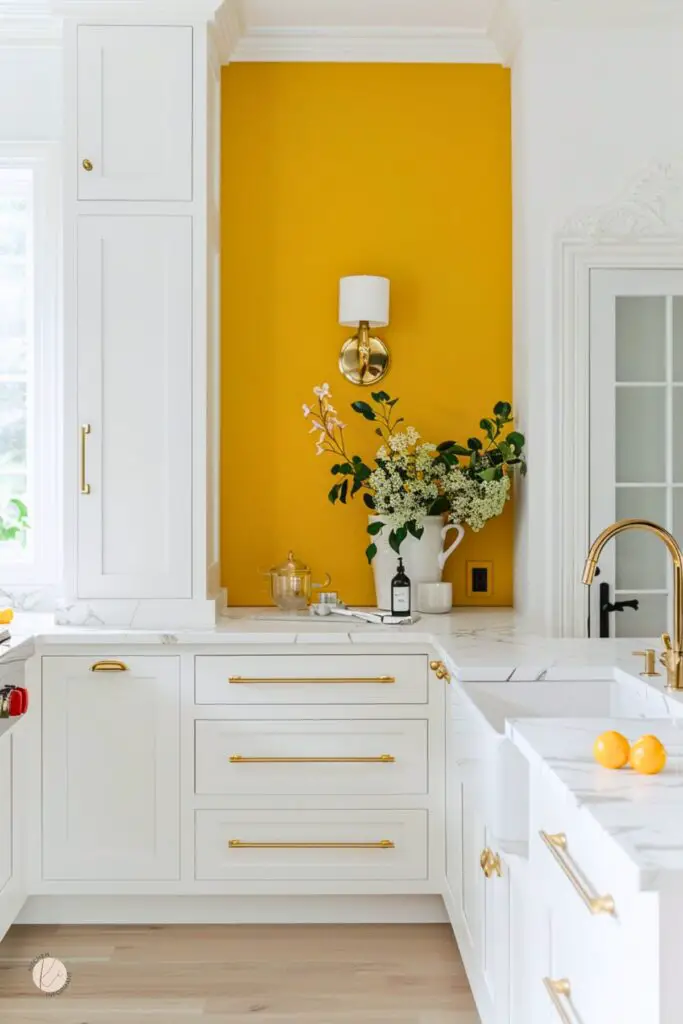 Elegant white kitchen with a bold mustard yellow accent wall that adds a warm, vibrant touch. Features include shaker cabinets with gold hardware, marble countertops, a farmhouse sink, and a gold faucet. A wall sconce and floral arrangement add charm and depth to the sophisticated design.