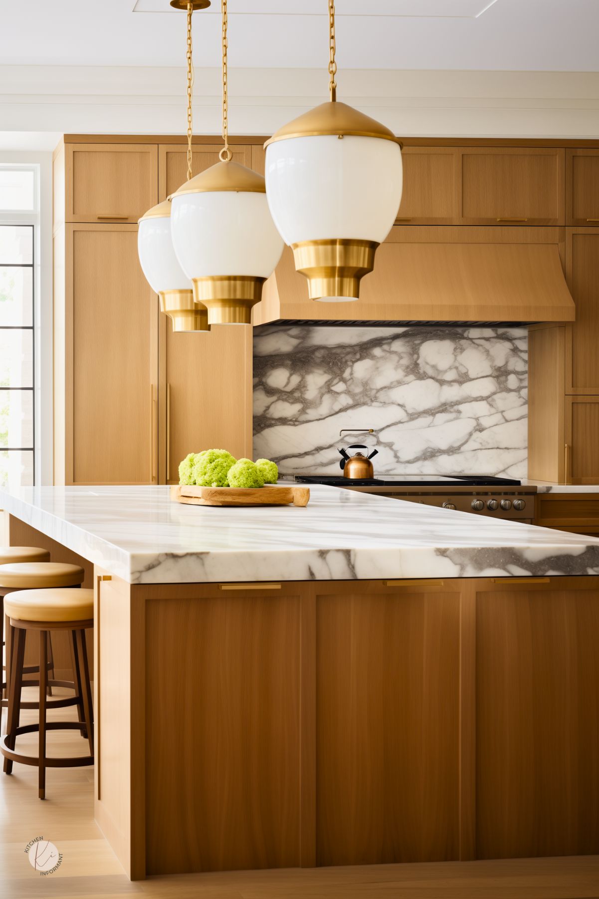 Elegant kitchen with white oak cabinets and a matching island featuring a thick marble countertop and waterfall edge. The dramatic marble backsplash adds luxury behind the stove. Three oversized pendant lights with brass accents and frosted glass shades hang above the island. Light wood bar stools with round seats tuck neatly under the island.