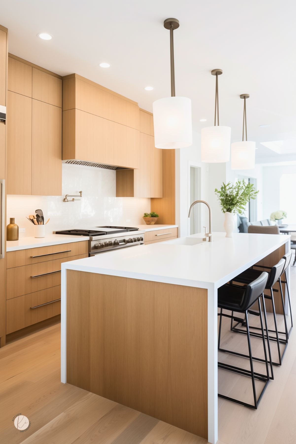 Modern kitchen with sleek white oak cabinets and a matching waterfall island featuring a crisp white countertop. Black leather bar stools with thin metal frames line one side of the island. Three contemporary pendant lights hang above, and the space includes stainless steel appliances and a white backsplash. A vase with fresh greenery adds a natural accent.