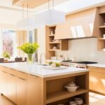Bright and airy kitchen with sleek white oak cabinets and a large island featuring open shelving for dishware. The island has a white quartz countertop and a built-in sink with a modern faucet. Oversized rectangular pendant lights hang from a wood-paneled ceiling accent. Sunlight streams through large windows, highlighting fresh flowers and a minimalist decor style.