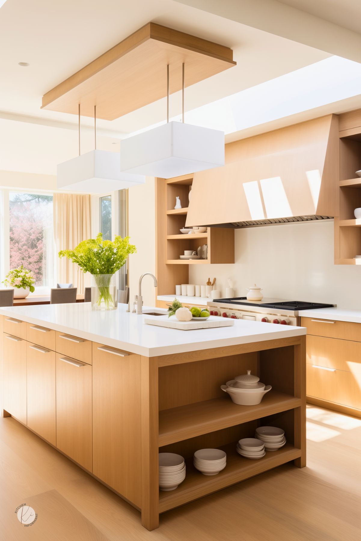 Bright and airy kitchen with sleek white oak cabinets and a large island featuring open shelving for dishware. The island has a white quartz countertop and a built-in sink with a modern faucet. Oversized rectangular pendant lights hang from a wood-paneled ceiling accent. Sunlight streams through large windows, highlighting fresh flowers and a minimalist decor style.
