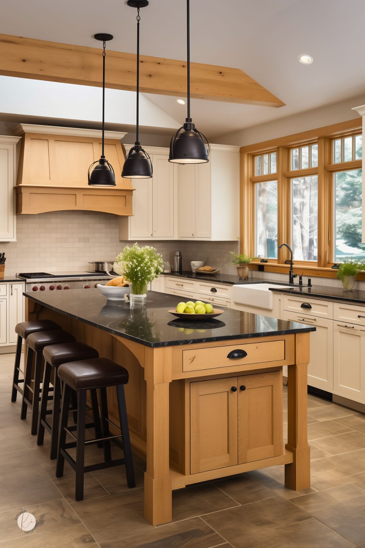Transitional kitchen featuring a sturdy white oak island with a black stone countertop and built-in storage. The space combines cream shaker cabinets with black hardware and a matching farmhouse sink. Three black pendant lights hang above the island, and leather-topped bar stools line one side. Large wood-framed windows bring in natural light, highlighting the warm wood tones and tiled flooring.