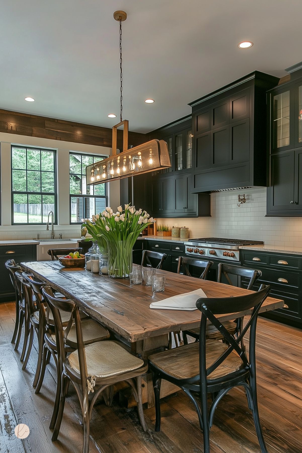 Moody cottage kitchen with matte black cabinets, white subway tile backsplash, and a rustic wood dining table surrounded by mixed dark wood chairs. A large farmhouse sink sits below gridded windows, and a long industrial pendant light with exposed bulbs hangs overhead. Fresh tulips and candles add charm to the warm, cozy space.