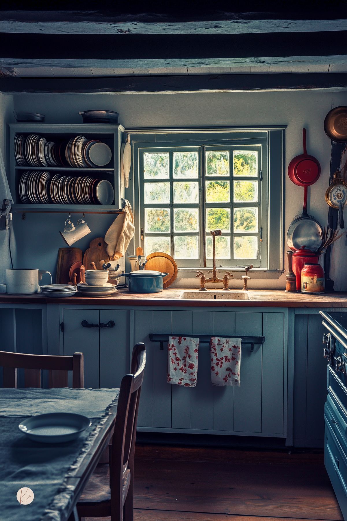 Cozy moody cottage kitchen with vintage blue cabinetry, open shelving filled with dishes, and a small farmhouse sink beneath a paned window. Warm wood countertops, floral dish towels, and hanging copper pans add rustic charm. Soft natural light filters in, highlighting the timeworn textures and intimate, lived-in feel of the space.