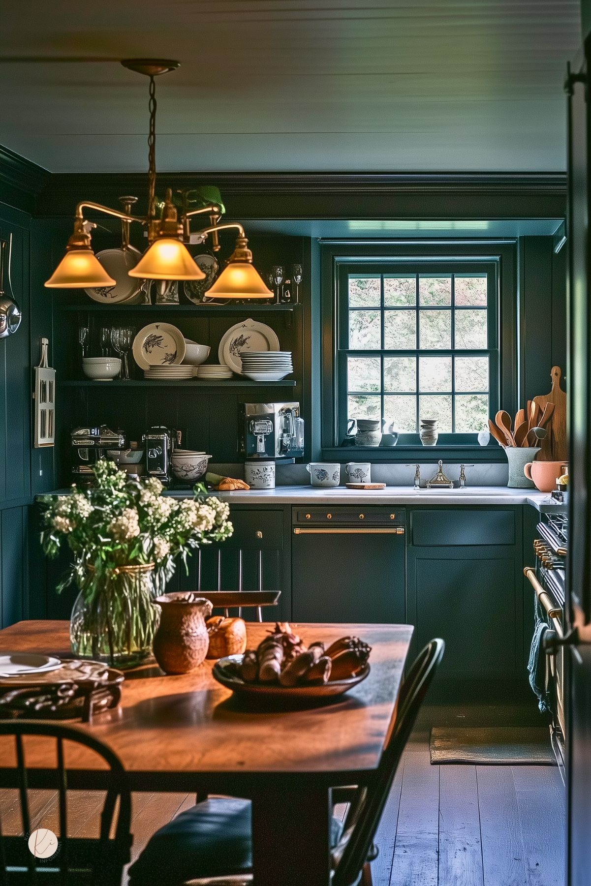 Dark moody cottage kitchen with deep green cabinetry, open shelving, and a gridded window over the sink. A warm wood dining table sits under a vintage-style brass chandelier, surrounded by cozy decor like floral dishware, cutting boards, and fresh flowers. Brass accents and soft lighting enhance the inviting, old-world charm.