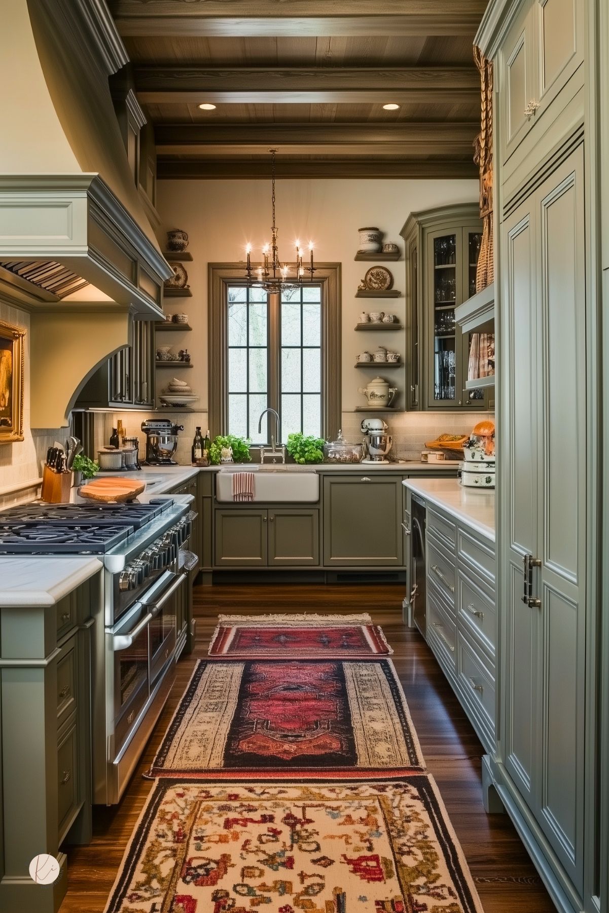 Elegant moody cottage kitchen with sage green cabinetry, marble countertops, and a farmhouse sink framed by a tall window. Open shelves display vintage dishware, while warm wood ceilings and layered Persian-style runners add richness. Classic details like crown molding, a chandelier, and curated accessories create a timeless, cozy atmosphere.
