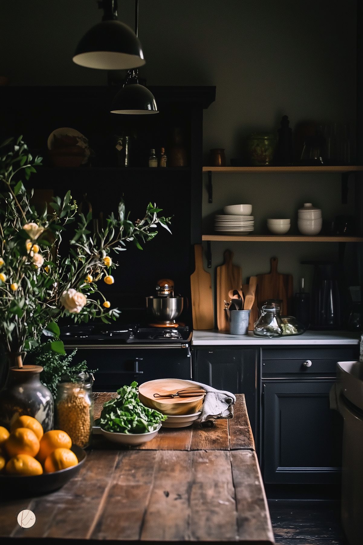Dark moody cottage kitchen with matte black cabinets, open wood shelving, and a rustic wood table set with fresh greens, lemons, and handmade pottery. Industrial pendant lights cast soft light over the space, while cutting boards and kitchen tools line the counters. A potted lemon branch adds a natural, vibrant touch to the cozy, dramatic setting.