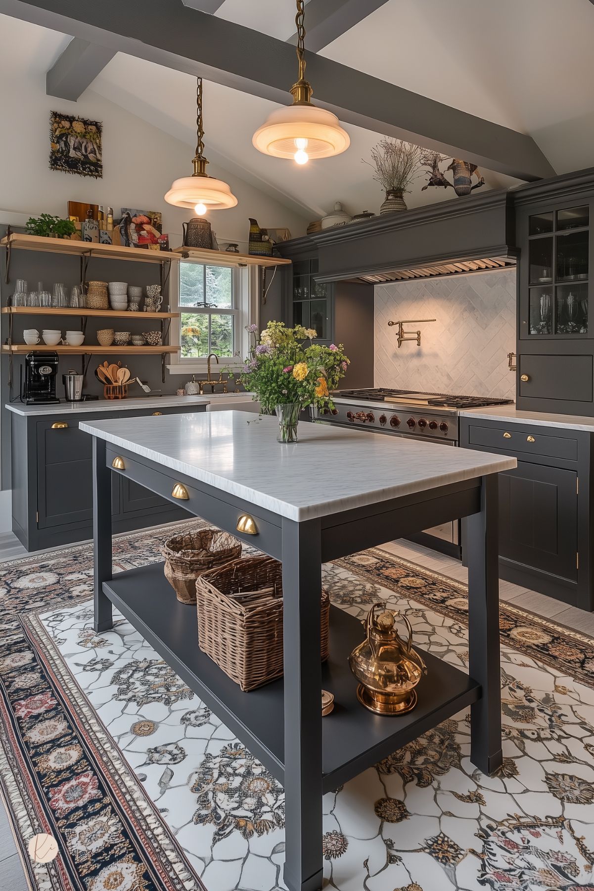 Charming moody cottage kitchen with dark gray cabinetry, brass hardware, and a marble-top island. Herringbone tile backsplash, vintage-style pendant lights, and open wood shelving add warmth. Layered floral and Persian-style rugs cover the patterned tile floor. Wicker baskets, brass accents, and a fresh bouquet complete the cozy, collected look.
