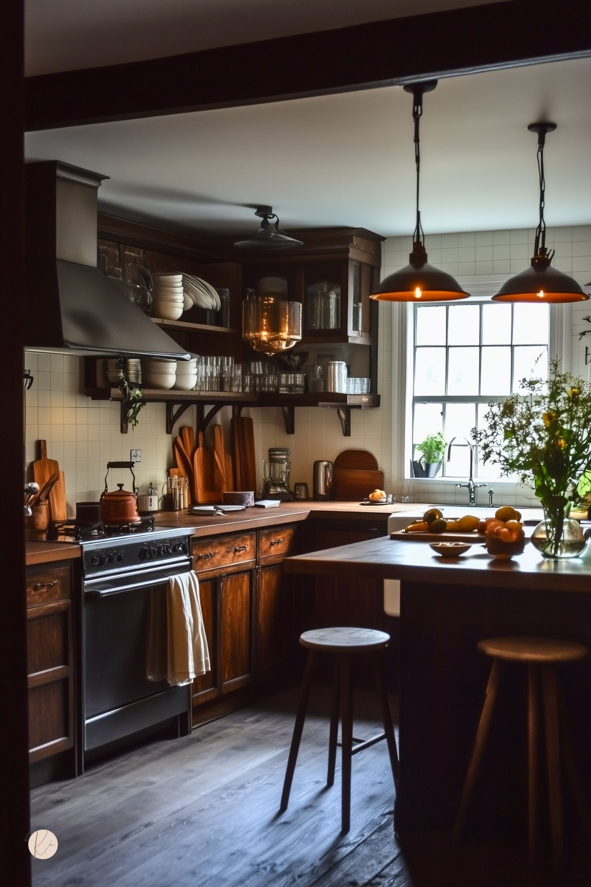 Warm moody cottage kitchen with rich wood cabinetry, open shelving, and a white farmhouse sink beneath a gridded window. Dark countertops and vintage-inspired lighting create a cozy ambiance. Cutting boards, ceramic dishes, and fresh produce add rustic charm, while wood stools and a central island complete the inviting space.