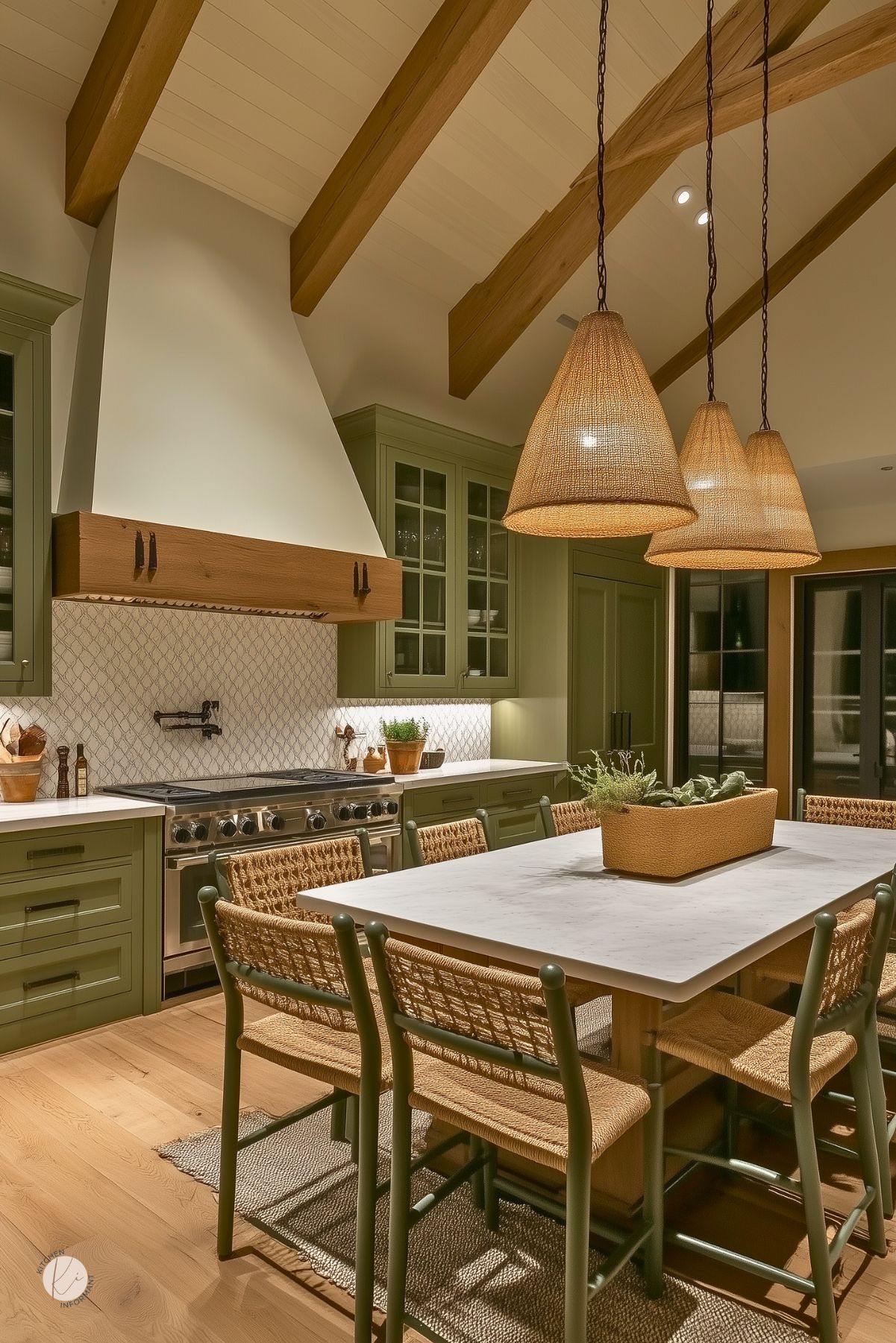 Warm and moody cottage kitchen with olive green cabinets, a white range hood with wood trim, and a patterned tile backsplash. A white marble island is surrounded by woven counter stools, and three large rattan pendant lights hang from vaulted ceilings with exposed wood beams. Natural textures and soft lighting create a cozy, earthy ambiance.