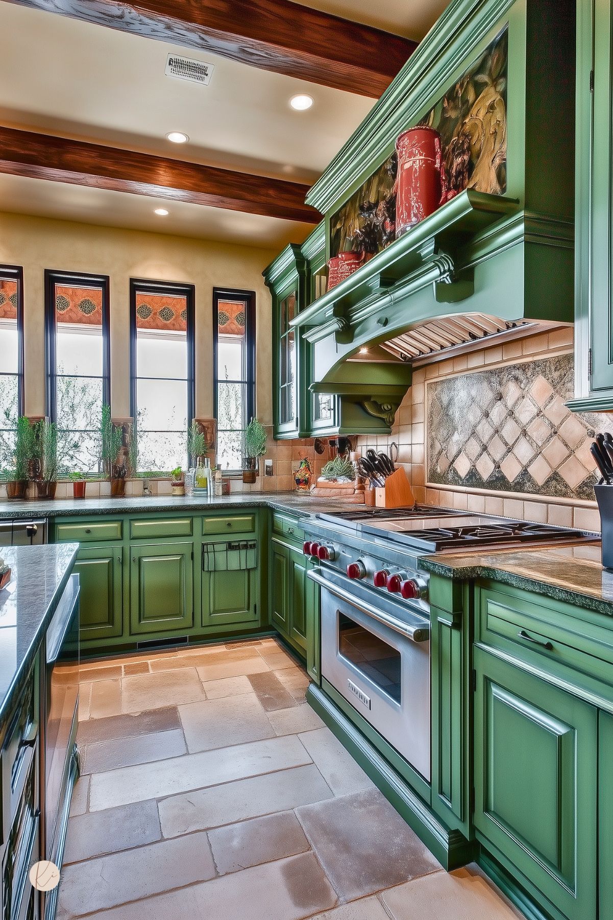 Bold moody cottage kitchen with rich green cabinetry, warm stone tile flooring, and dark granite countertops. A custom range hood with decorative trim and artwork stands over a tiled backsplash with diamond accents. Wood ceiling beams and a row of tall windows add rustic charm and natural light, while potted herbs line the windowsill for a lived-in feel.