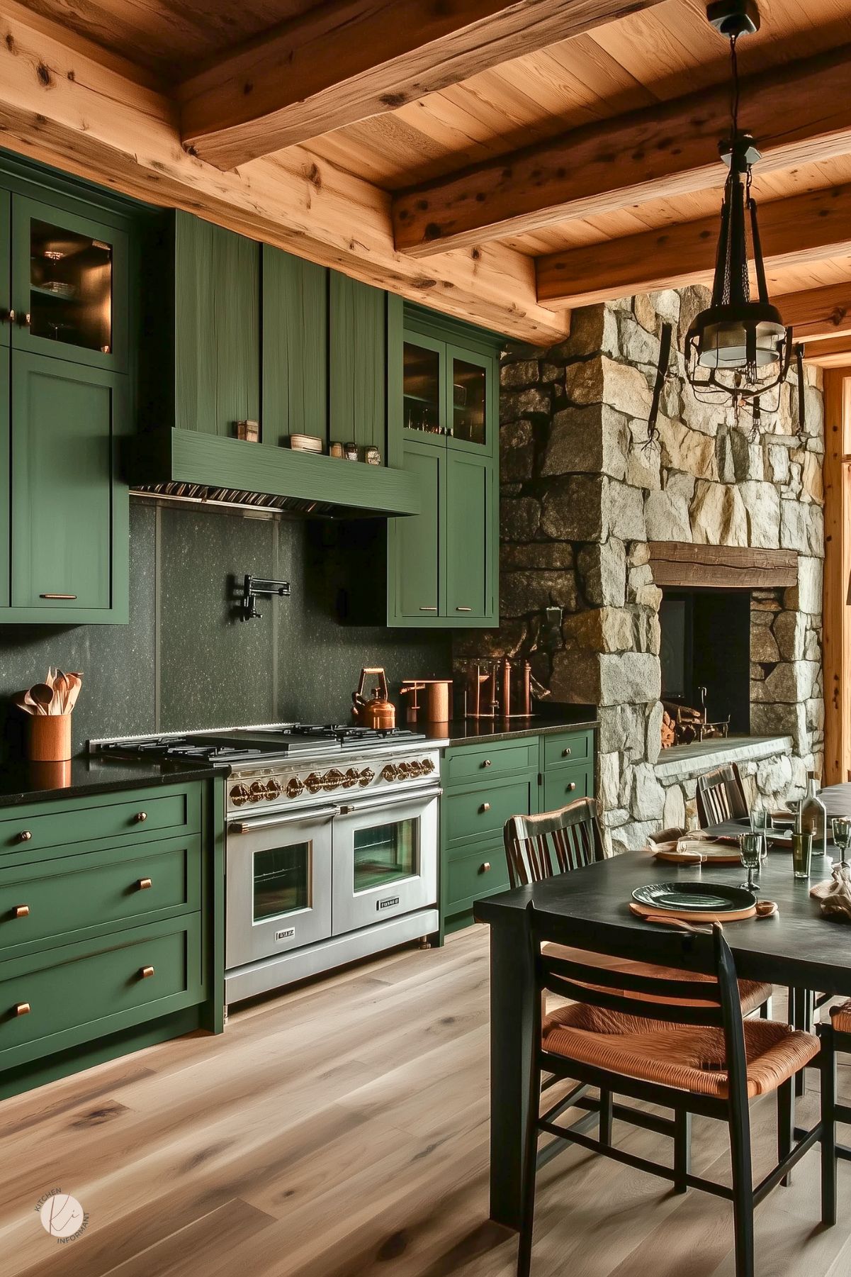 Moody cottage kitchen with forest green cabinets, black countertops, and a striking stone fireplace. Natural wood beams and light wood flooring add warmth, while copper accents and a double oven range enhance the rustic luxury. A black dining table with woven-seat chairs completes the cozy, mountain-lodge-inspired space.
