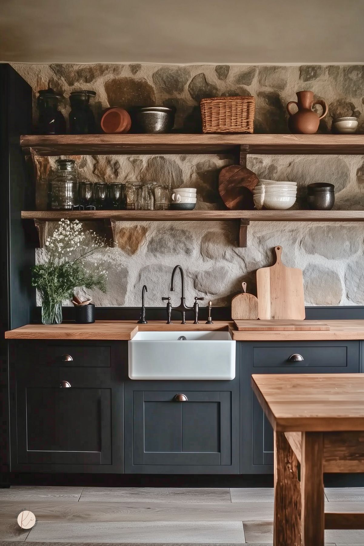 Rustic moody cottage kitchen with dark cabinetry, butcher block countertops, and a white farmhouse sink. Natural stone walls and open wood shelves display pottery, glassware, and cutting boards. A vase of baby's breath adds softness to the earthy, cozy atmosphere anchored by warm wood tones and handcrafted textures.