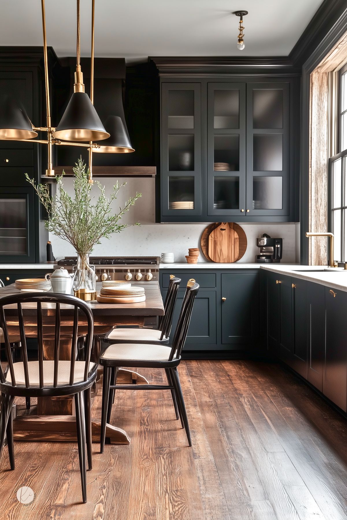 Moody cottage kitchen with matte black cabinets, white marble countertops, and warm wood floors. A wooden dining table with black spindle-back chairs sits beneath a modern brass and black chandelier. Glass-front cabinets display neatly stacked dishes, while gold hardware and natural light from large windows add warmth and elegance to the cozy space.