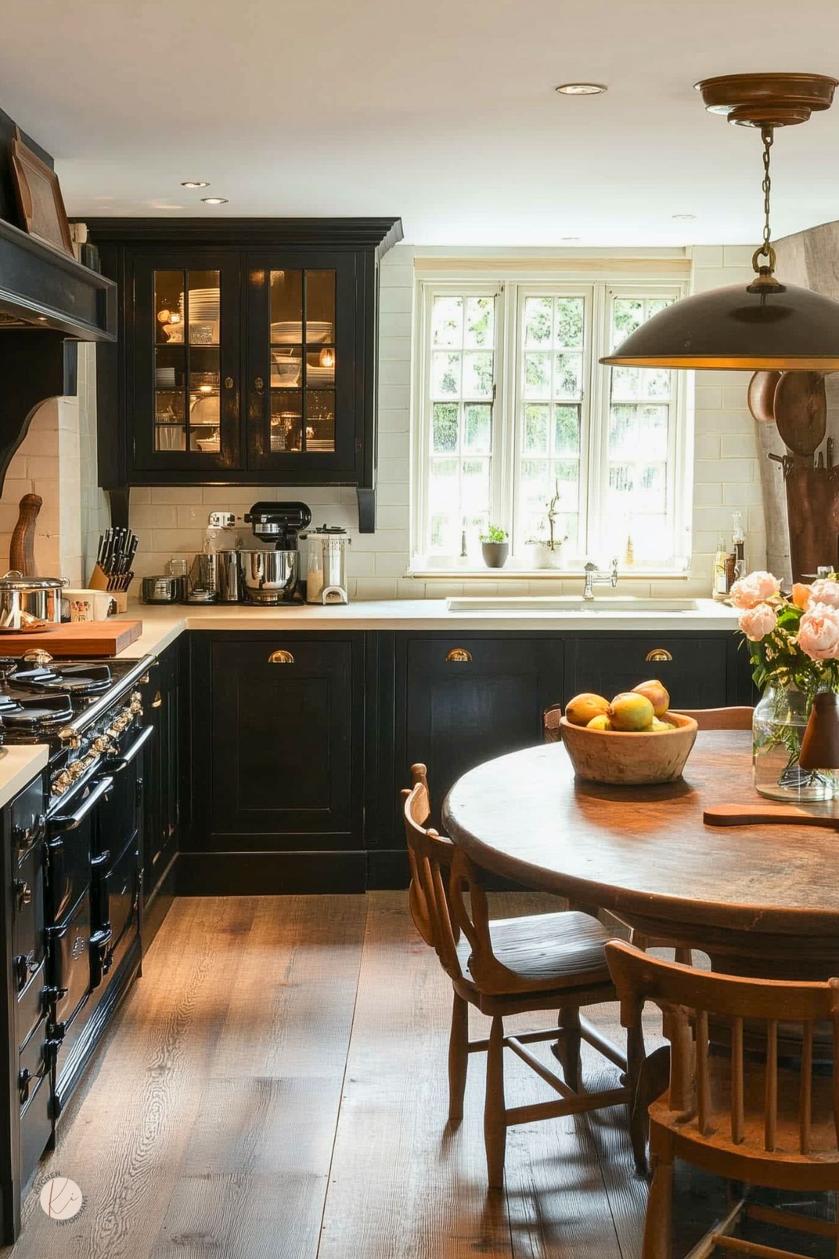 Cozy moody cottage kitchen with black cabinetry, white countertops, and a farmhouse sink under a gridded window. A vintage-style range and glass-front upper cabinets add charm, while warm wood floors and a round wood dining table with spindle chairs create an inviting, lived-in feel. A bowl of fresh fruit and a vase of flowers add a soft, homey touch.