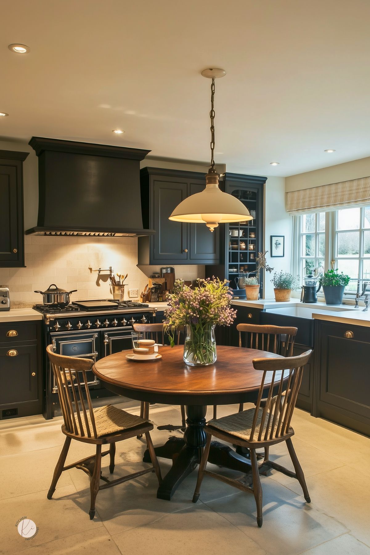 Warm moody cottage kitchen with black cabinetry, a black vintage-style range, and cream tile backsplash. A round wood dining table with spindle-back chairs sits beneath a classic pendant light. The farmhouse sink is set under a wide window with woven shades, surrounded by potted herbs and soft neutral accents that give the space a cozy, timeless feel.