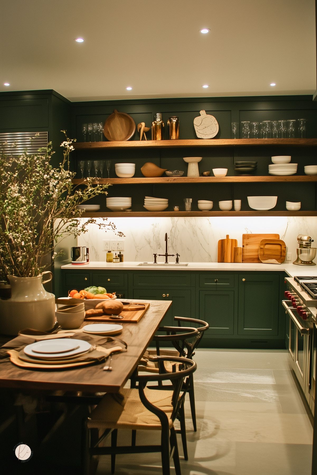 Modern moody cottage kitchen with deep green cabinets, white marble backsplash, and warm wood open shelving displaying neutral dishware and decorative accents. A wood island with woven-back chairs is set for a cozy meal, and soft lighting enhances the inviting, intimate vibe. A large ceramic pitcher with flowering branches adds a natural, rustic touch.