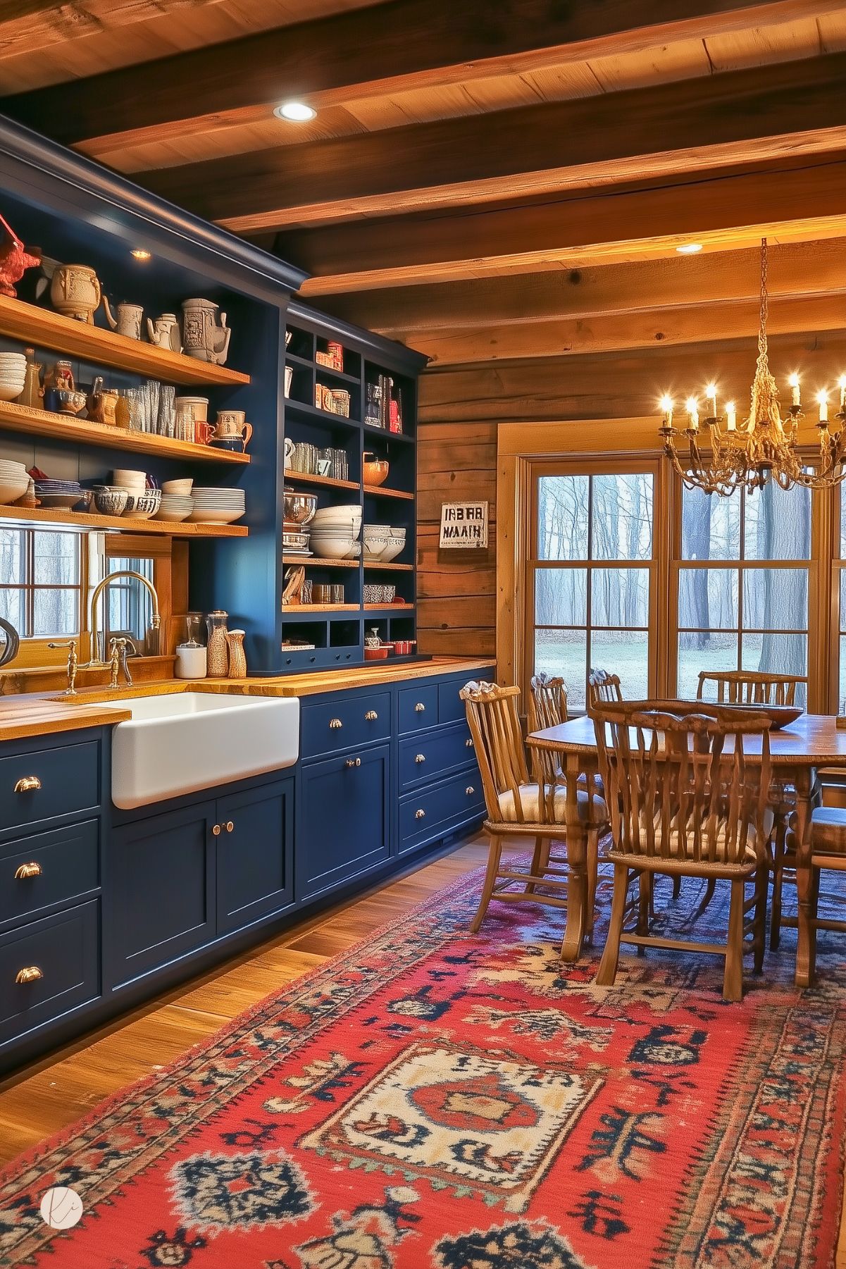 Rustic moody cottage kitchen with navy blue cabinetry, butcher block countertops, and open wood shelves filled with pottery and dishware. A farmhouse sink sits beneath a window, while a large red vintage rug adds warmth and color. Exposed wood beams, log walls, and a wood dining set under a gold chandelier create a cozy, cabin-inspired atmosphere.