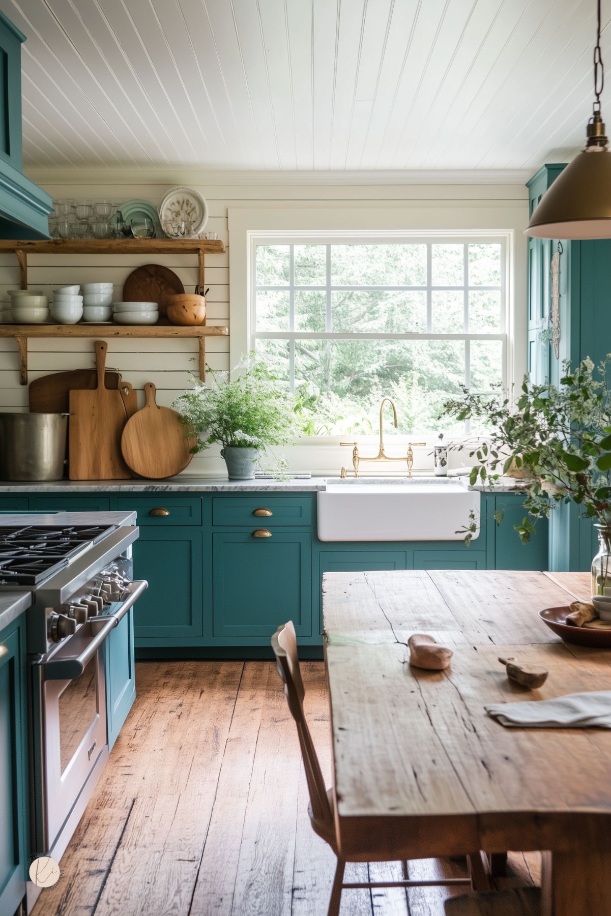 Bright and moody cottage kitchen with teal cabinets, white shiplap walls, and a large farmhouse sink under a gridded window. Brass faucet and hardware add warmth, while open wood shelves display dishware and cutting boards. A rustic wood dining table and fresh greenery create a relaxed, lived-in feel with vintage charm.