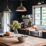 Moody navy cottage kitchen with butcher block countertops, stainless steel farmhouse sink, and matching appliances. A light wood ceiling with exposed beams contrasts the deep blue cabinetry. Open shelving displays white dishware, while fresh bread and a vase of white flowers on the island add cozy, lived-in charm under industrial pendant lights.