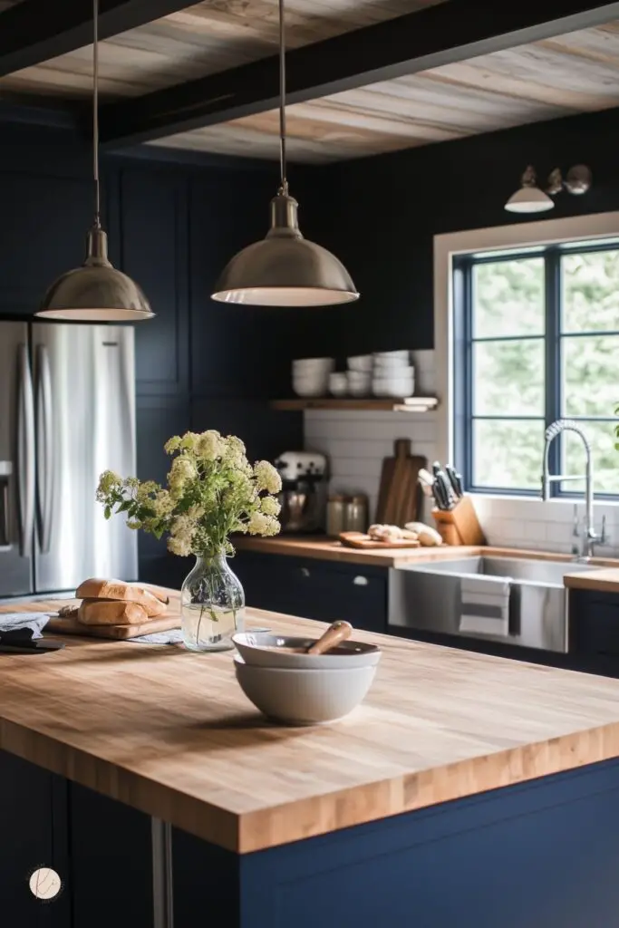 Moody navy cottage kitchen with butcher block countertops, stainless steel farmhouse sink, and matching appliances. A light wood ceiling with exposed beams contrasts the deep blue cabinetry. Open shelving displays white dishware, while fresh bread and a vase of white flowers on the island add cozy, lived-in charm under industrial pendant lights.