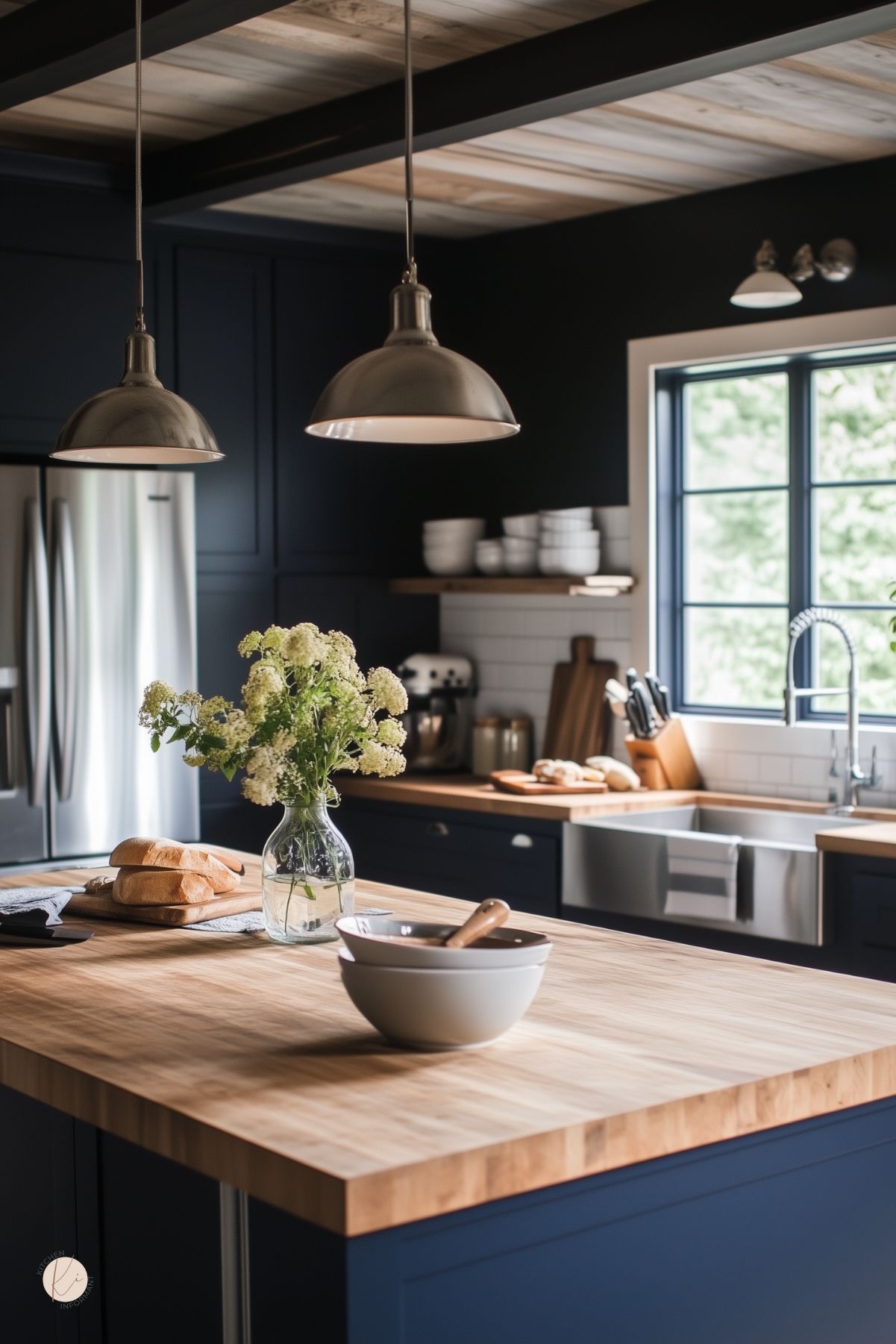 Moody navy cottage kitchen with butcher block countertops, stainless steel farmhouse sink, and matching appliances. A light wood ceiling with exposed beams contrasts the deep blue cabinetry. Open shelving displays white dishware, while fresh bread and a vase of white flowers on the island add cozy, lived-in charm under industrial pendant lights.