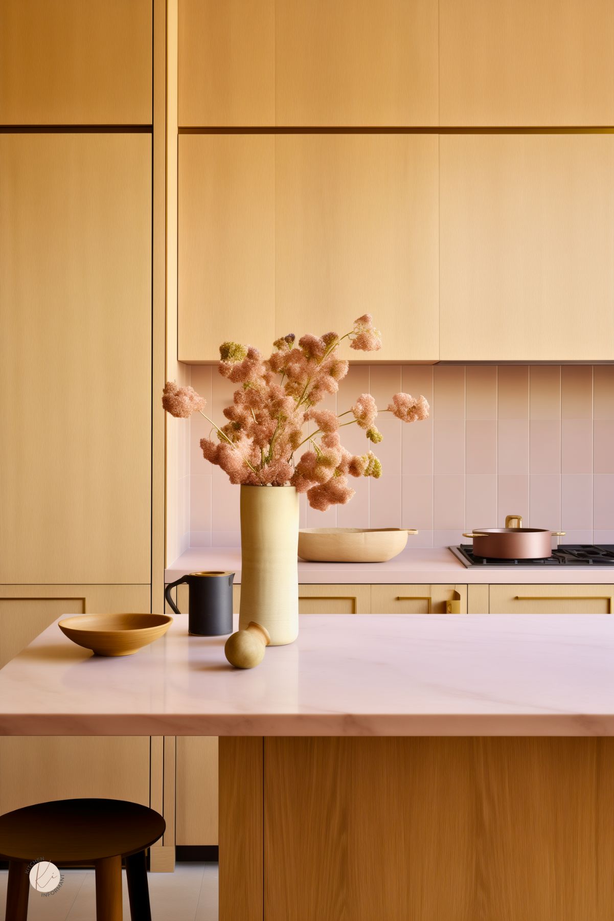 Contemporary kitchen featuring minimalist white oak cabinetry and soft pink accents throughout. A pale pink countertop and matching backsplash tiles create a warm, inviting atmosphere. A tall beige vase with pink dried florals serves as the centerpiece on the island, complemented by simple wooden and black accessories. A pink metallic pot on the stove adds a subtle touch of color coordination.