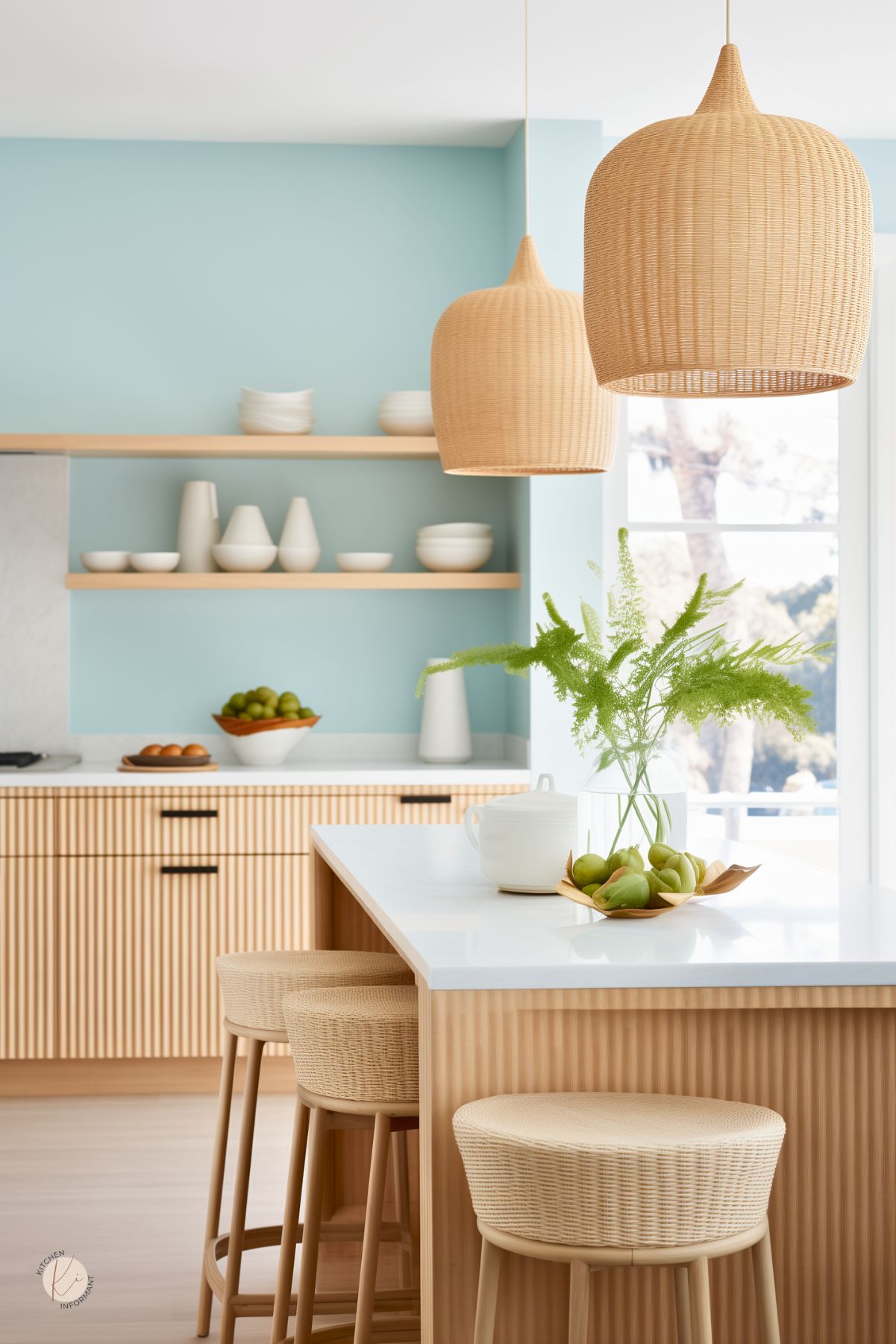 Bright coastal kitchen with light white oak fluted cabinets and a matching island topped with a smooth white countertop. The soft blue wall creates a refreshing backdrop, paired with open wooden shelves displaying minimalist white dishware. Woven rattan pendant lights and bar stools add natural texture, while fresh greenery and a bowl of green apples complete the airy, relaxed look.