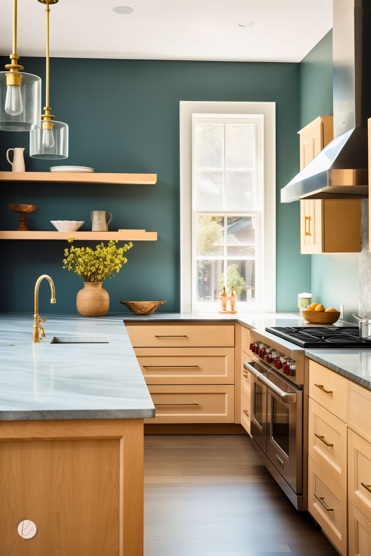 Modern kitchen with light white oak cabinets and a striking deep teal accent wall. Open wood shelving displays minimalist decor, while brass fixtures and pendant lights add a touch of sophistication. The marble-look countertops feature soft blue veining, complementing the wall color beautifully. A stainless steel range and hood anchor the space, and natural light flows through the window above the counter.