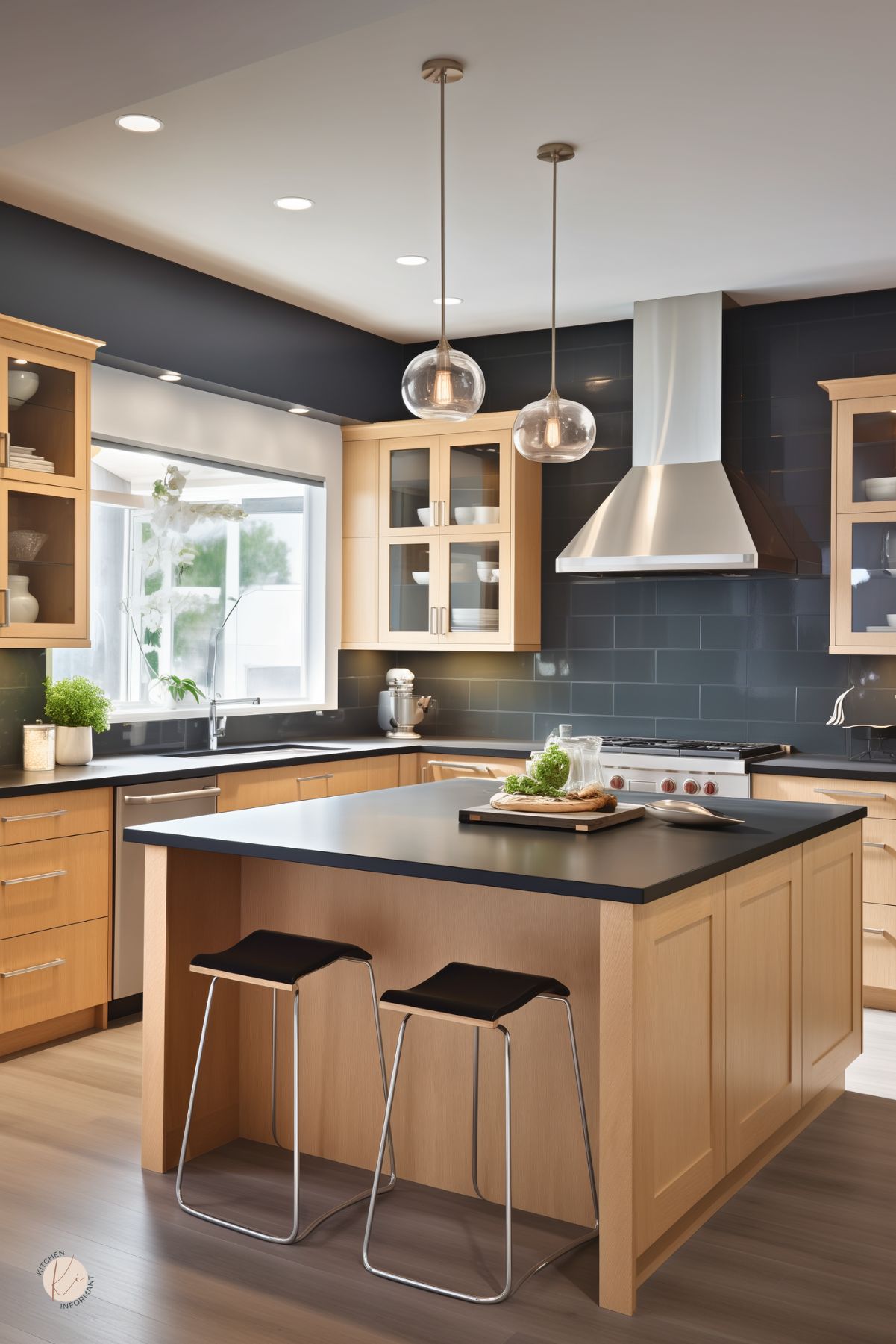 Modern kitchen with light white oak cabinets and a matching island featuring a sleek black countertop. A deep charcoal subway tile backsplash adds dramatic contrast, paired with stainless steel appliances and a bold range hood. Two glass globe pendant lights hang above the island, and minimalist black stools with chrome legs provide seating. A bright window over the sink brings natural light into the space.