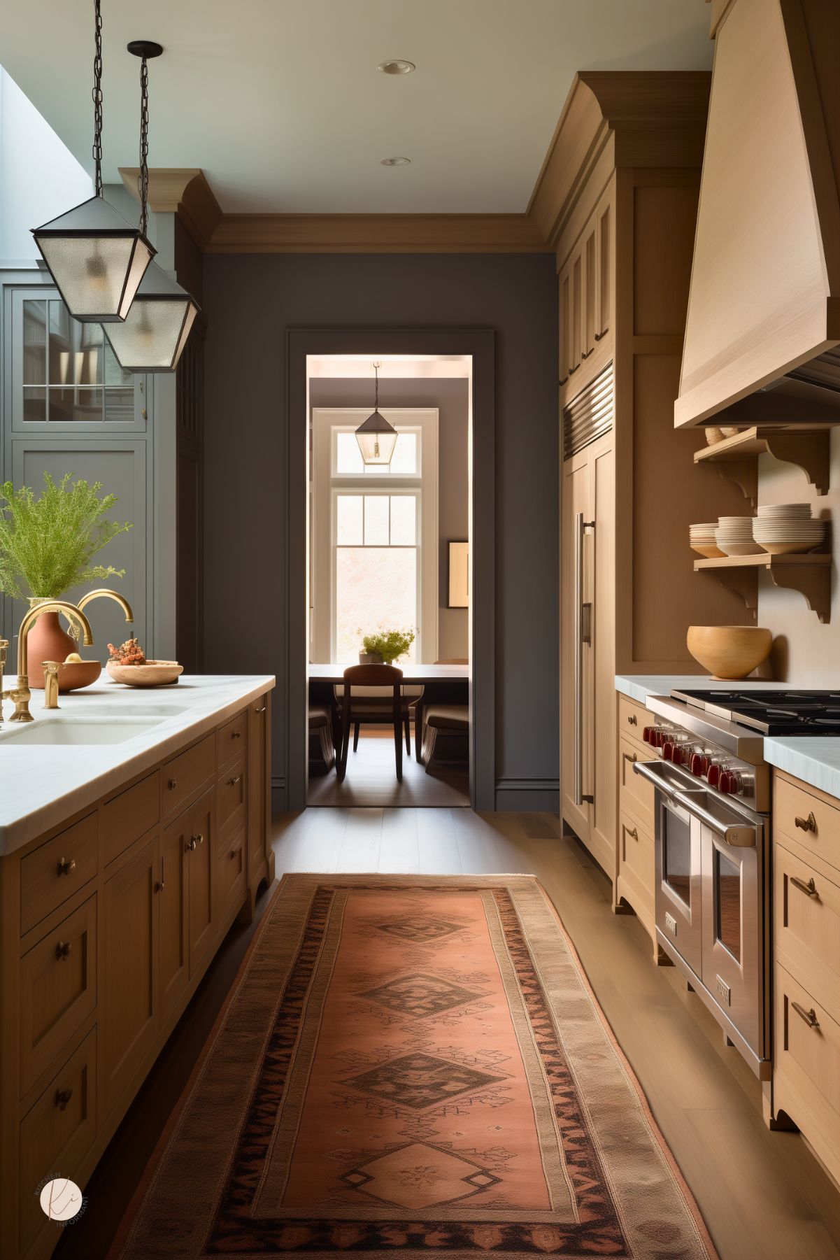Moody kitchen with rich white oak cabinetry paired with dramatic charcoal gray walls and trim. A soft white countertop contrasts with the deep tones, while brass fixtures and hardware add a touch of warmth. An earthy terracotta runner with geometric patterns brings color and texture to the wood flooring. Elegant lantern-style pendant lights complete the space, leading the eye toward a bright, inviting dining area.