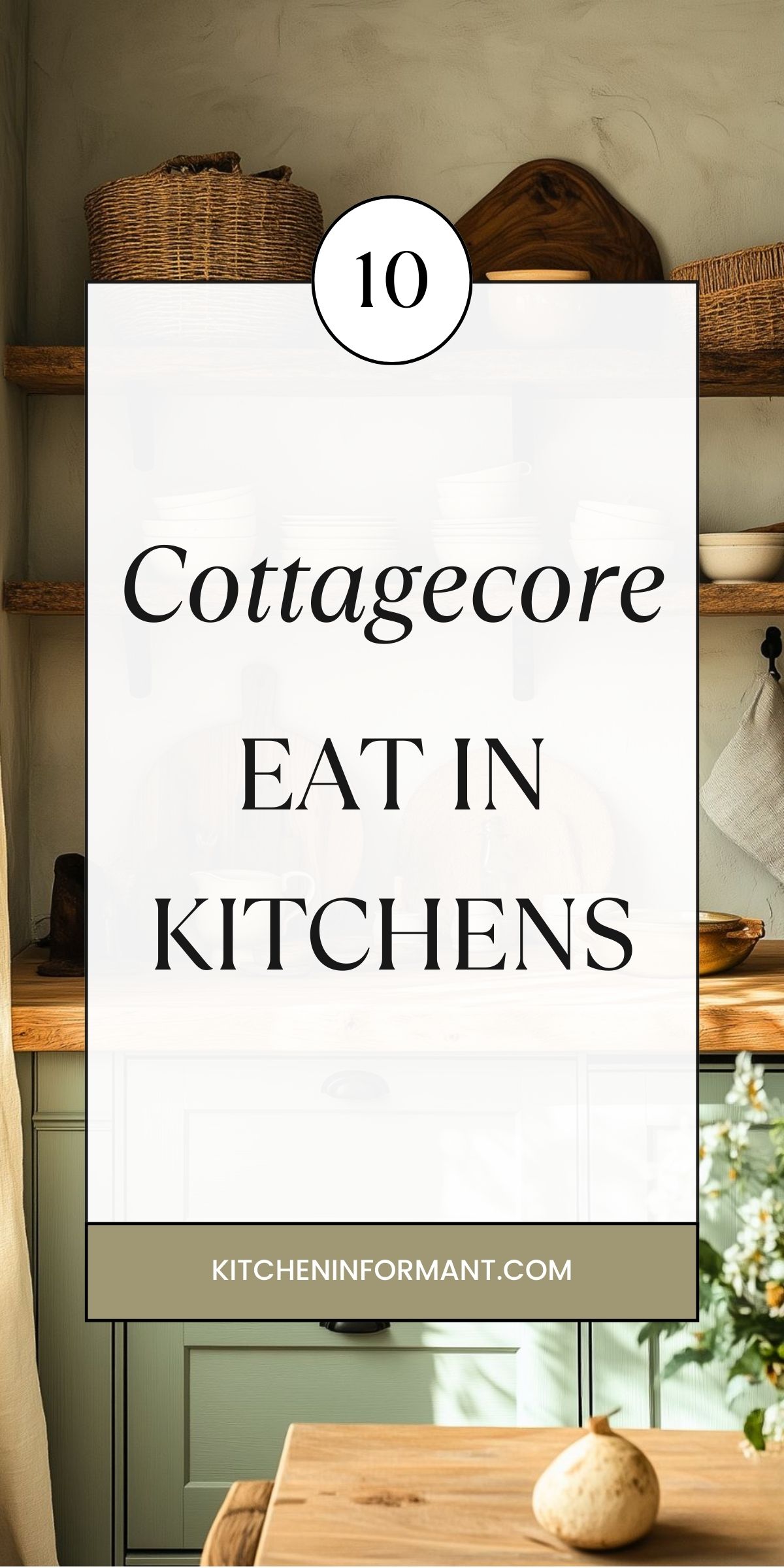 Pinterest graphic for “Cottagecore Eat-In Kitchens” featuring a cozy kitchen with sage green cabinets, rustic wood shelves, and ceramic dishware. Natural light and soft textures enhance the warm, inviting cottage aesthetic. Text overlay includes the website kitcheninformant.com.