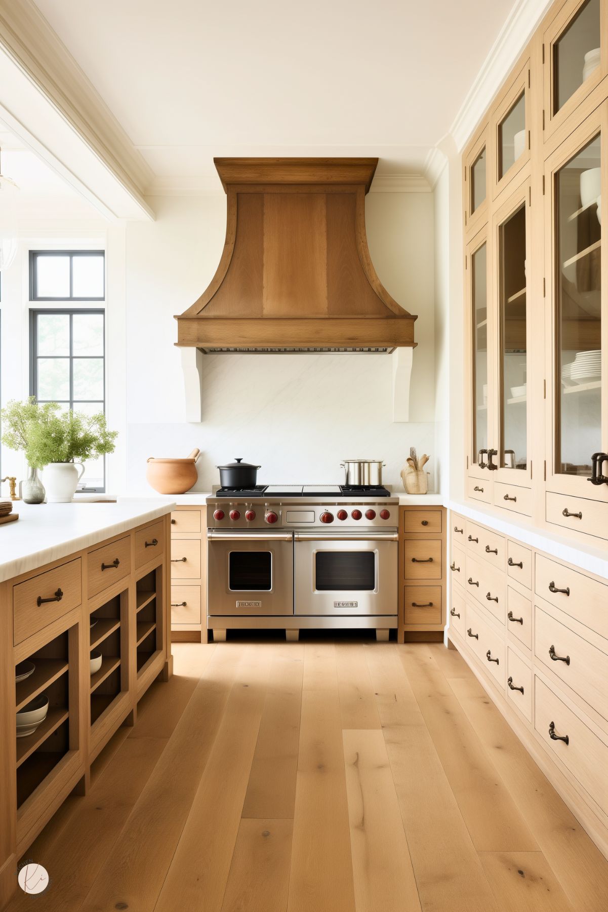 Sophisticated kitchen with natural white oak cabinetry, a matching custom range hood, and a luxurious stainless steel range featuring red knobs. The kitchen island includes open shelving for easy access to dishes, while the tall cabinets with glass doors elegantly display dishware. White marble countertops and a white backsplash add brightness to the space, complemented by black-framed windows and soft natural light.