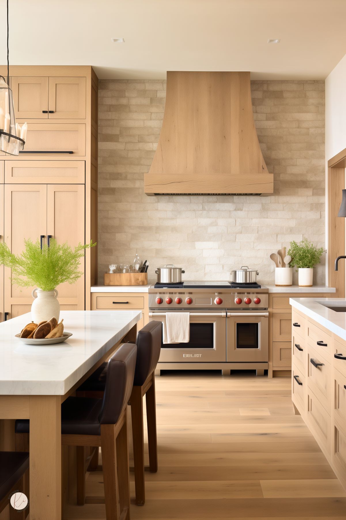 Warm and inviting kitchen with natural white oak cabinetry and a matching curved range hood. The space features a textured beige stone backsplash and sleek stainless steel range with bold red knobs. White countertops brighten the room, while a long island with dark leather bar stools adds a touch of contrast. Minimalist decor and fresh greenery complete the cozy, modern rustic look.