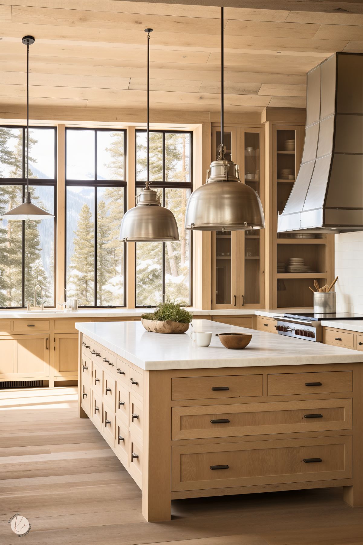 Warm rustic kitchen with natural white oak cabinetry and a spacious island featuring black hardware and a white stone countertop. Large industrial metal pendant lights hang above the island, complementing the oversized stainless steel range hood. Floor-to-ceiling windows with black frames offer a stunning view of snowy pine trees and mountains, filling the space with natural light.