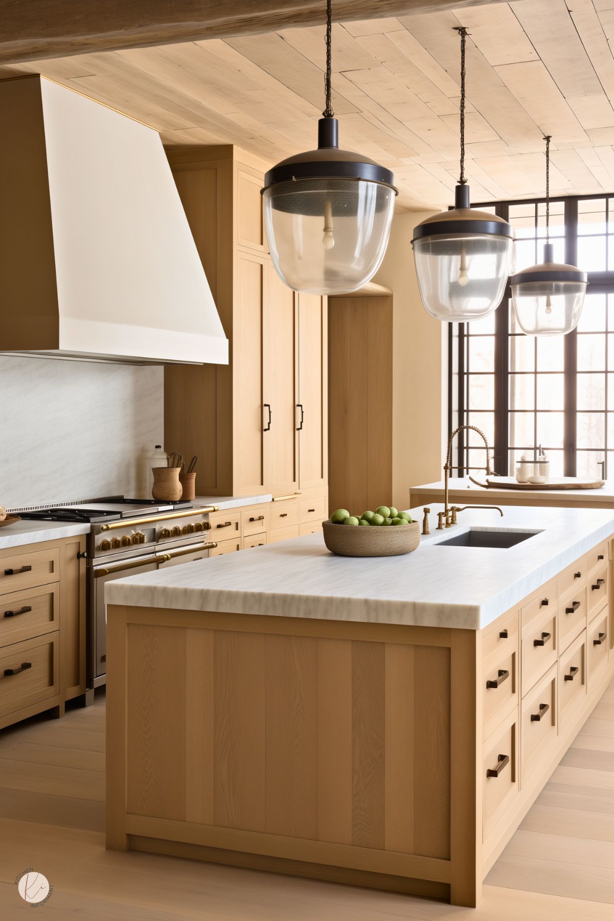 Warm and inviting kitchen with natural white oak cabinetry and a matching island featuring a thick marble countertop. Oversized glass pendant lights with dark bronze accents hang above the island. The space includes a classic white plaster range hood, a brass faucet, and a statement range with brass details. Black-framed windows bring in soft natural light, creating a cozy, rustic atmosphere.