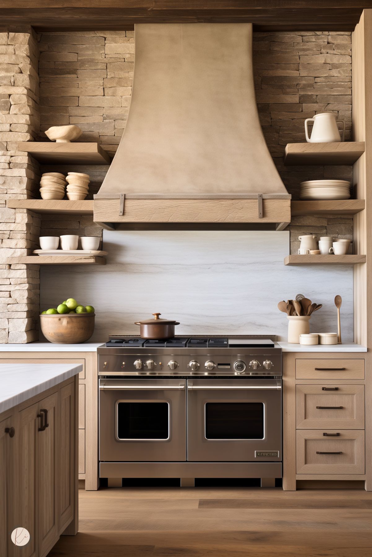 Rustic kitchen with natural stacked stone walls and light white oak cabinetry. A statement plaster range hood with a wood trim sits above a professional stainless steel range. Floating wood shelves display simple ceramic dishes and bowls, while a large wood bowl filled with green apples adds a fresh touch. The soft veined backsplash and warm wood flooring complete this cozy, nature-inspired space.