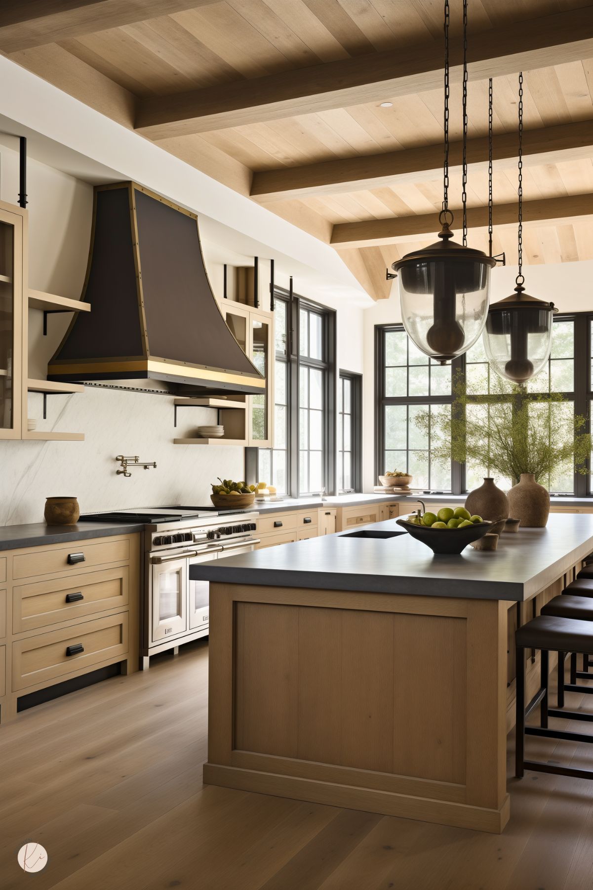 Stunning rustic kitchen with exposed wood ceiling beams and natural white oak cabinetry. A dramatic black and gold range hood makes a bold statement above the stainless steel range. Black-framed windows flood the space with natural light, complemented by a long island featuring a dark countertop and ample seating. Oversized glass pendant lights and simple pottery decor add to the sophisticated, cozy atmosphere.