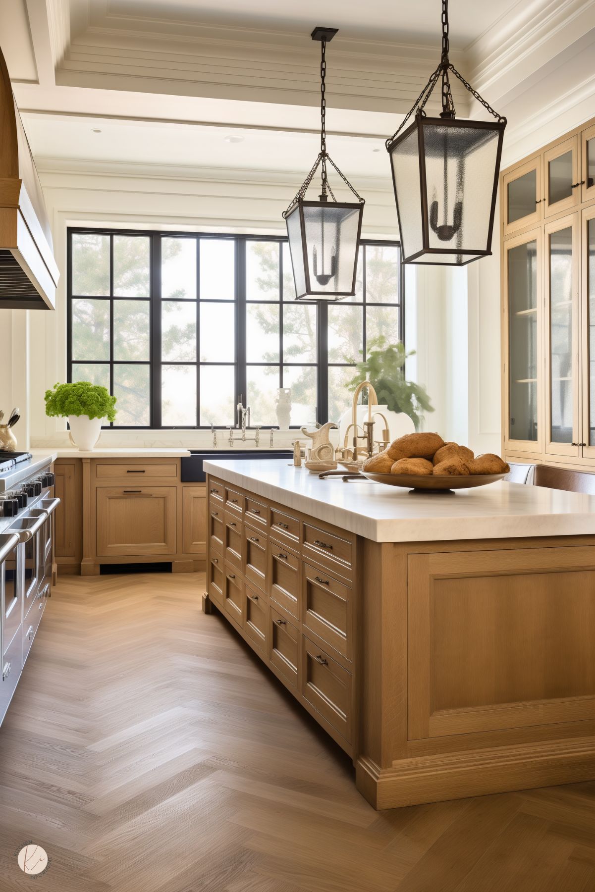 Elegant kitchen with traditional white oak cabinetry and a large island featuring inset drawers and a white countertop. The space is lit by two large lantern-style pendant lights hanging from the coffered ceiling. Black-framed windows bring in abundant natural light, while a mix of polished fixtures and warm wood tones creates a timeless, refined atmosphere. A bowl of potatoes and a potted green plant add simple, earthy accents.