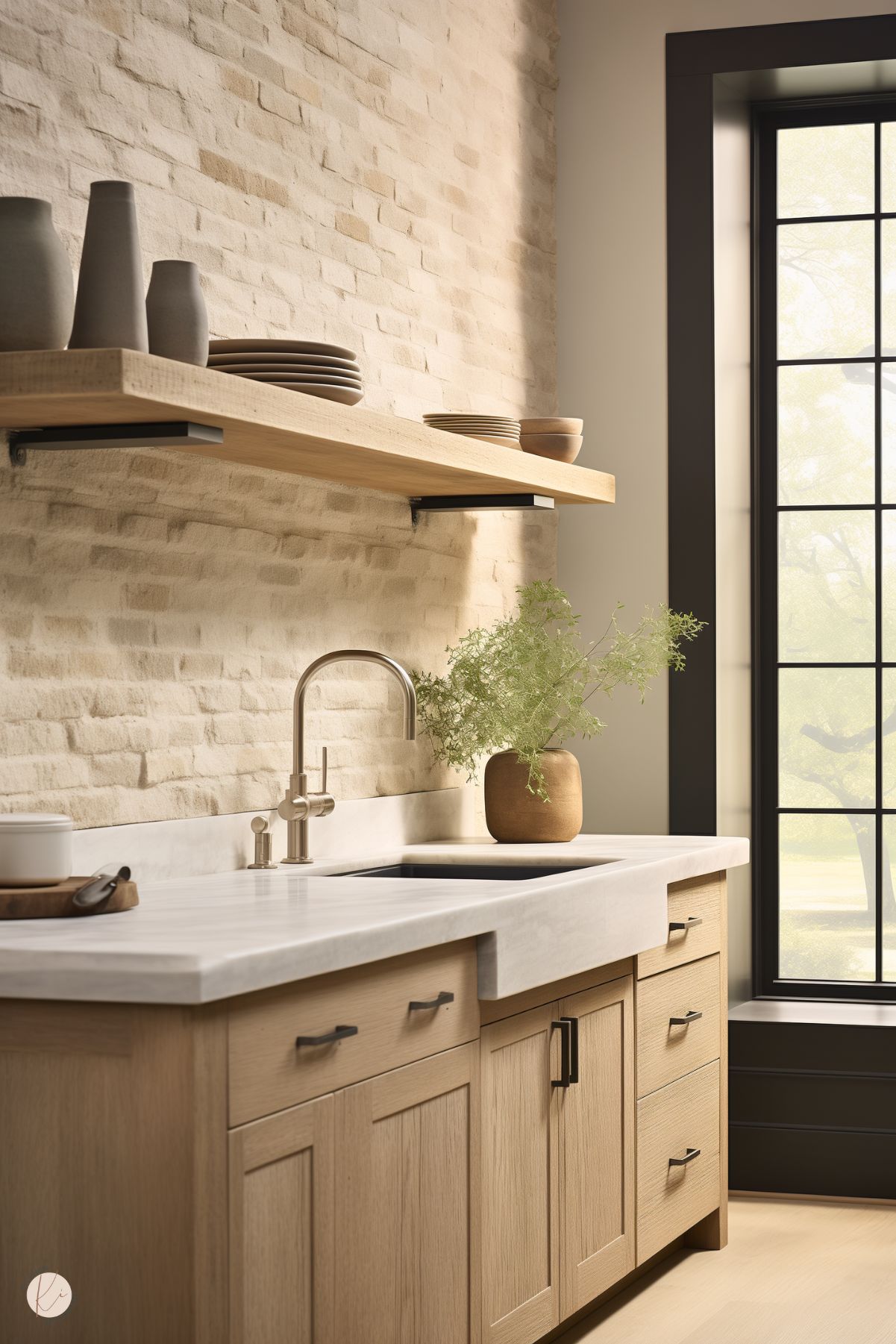 Charming kitchen corner with natural white oak shaker cabinets and a white farmhouse sink. The backsplash features textured light brick, adding rustic character. A simple floating wood shelf holds minimalist pottery and stacked dishes. Matte black window frames and cabinet hardware provide bold contrast, while soft natural light brightens the space through a large window.