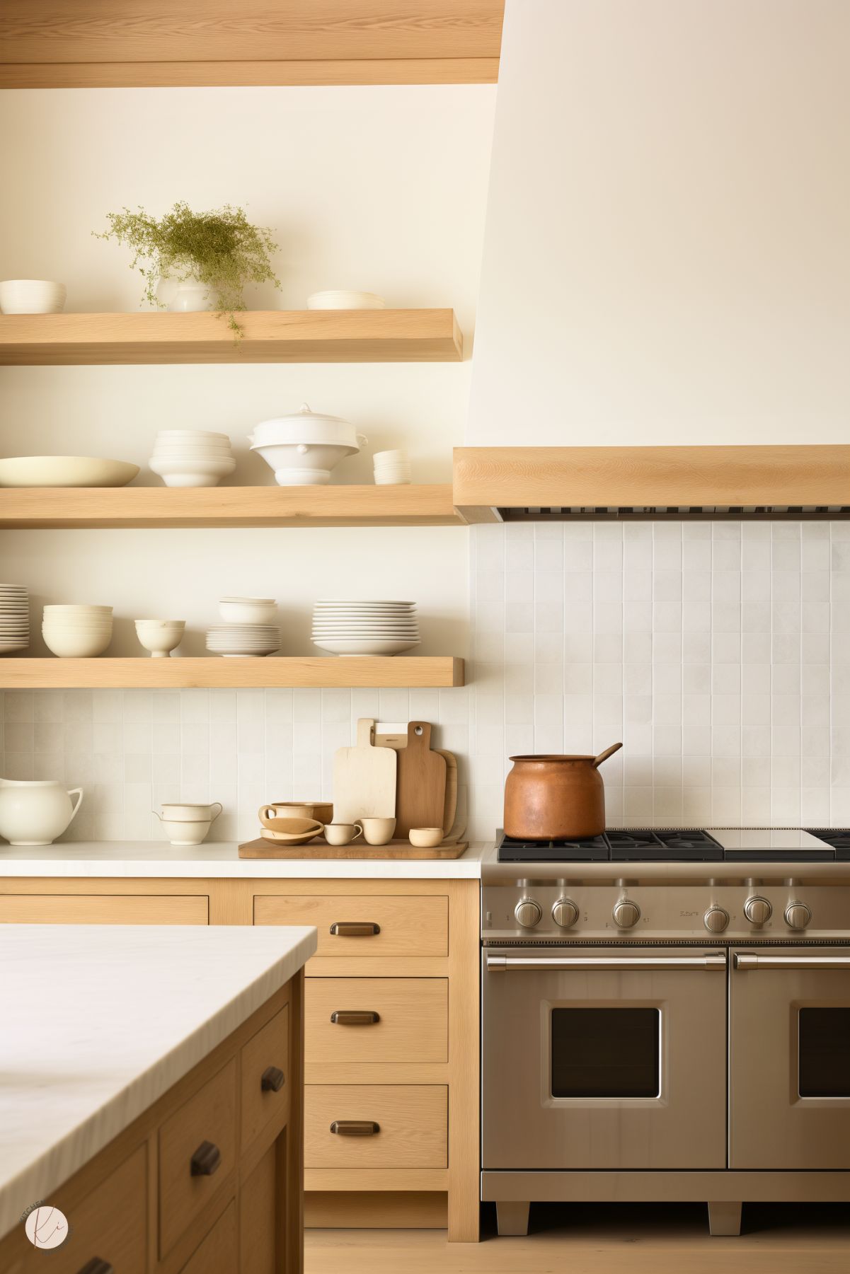 Cozy minimalist kitchen with natural white oak cabinetry and matching floating shelves. The space features a white square tile backsplash and a statement white plaster range hood. Open shelving displays neatly stacked white dishware, while light wood cutting boards and a rustic copper pot on the stainless steel stove add warm, earthy accents. Clean lines and a soft neutral palette create a peaceful, inviting atmosphere.